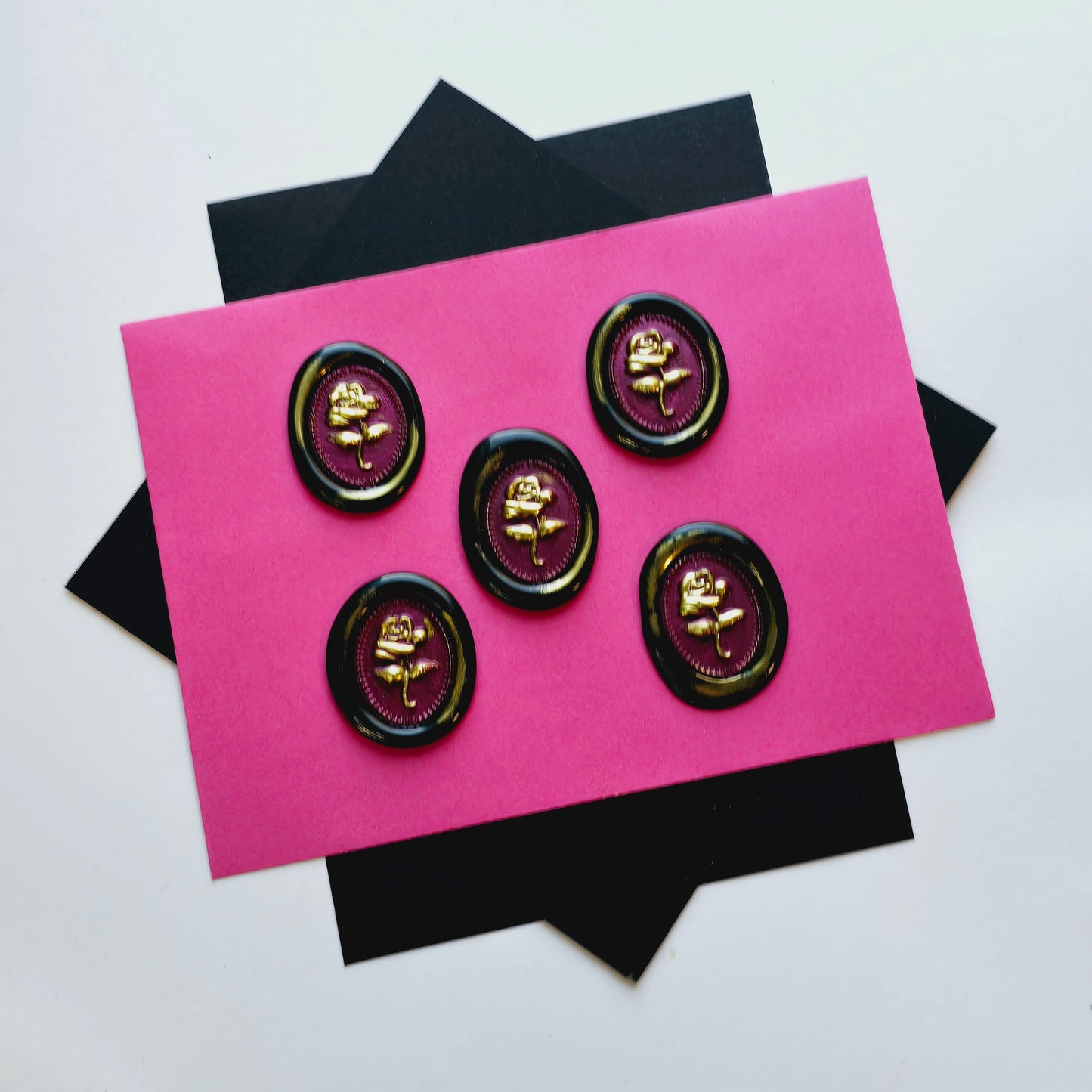 Rose Wax Seals, Metallic Black, Mulberry & Gold Set of Five