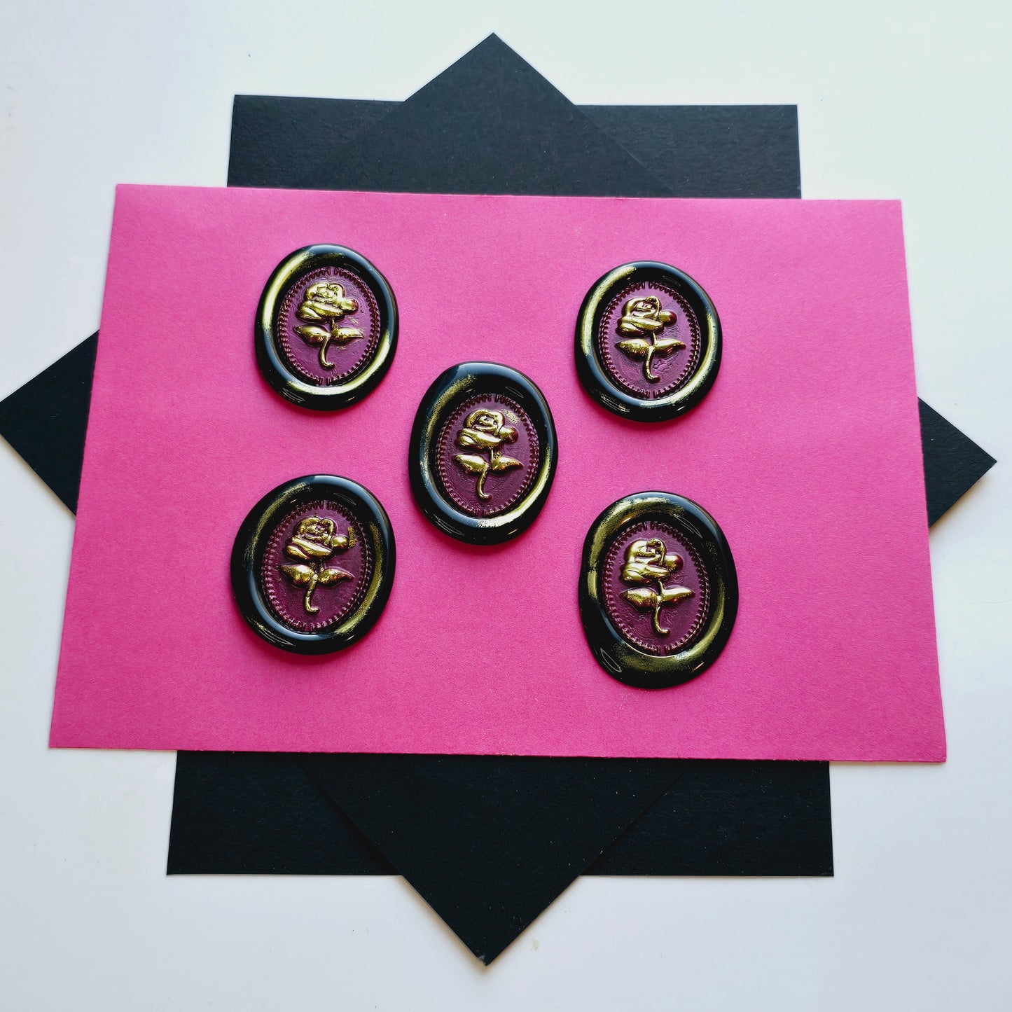 Rose Wax Seals, Metallic Black, Mulberry & Gold Set of Five