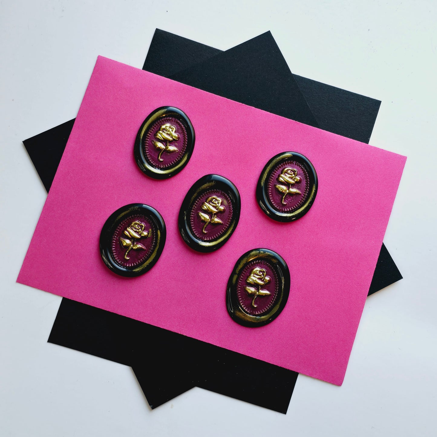 Rose Wax Seals, Metallic Black, Mulberry & Gold Set of Five