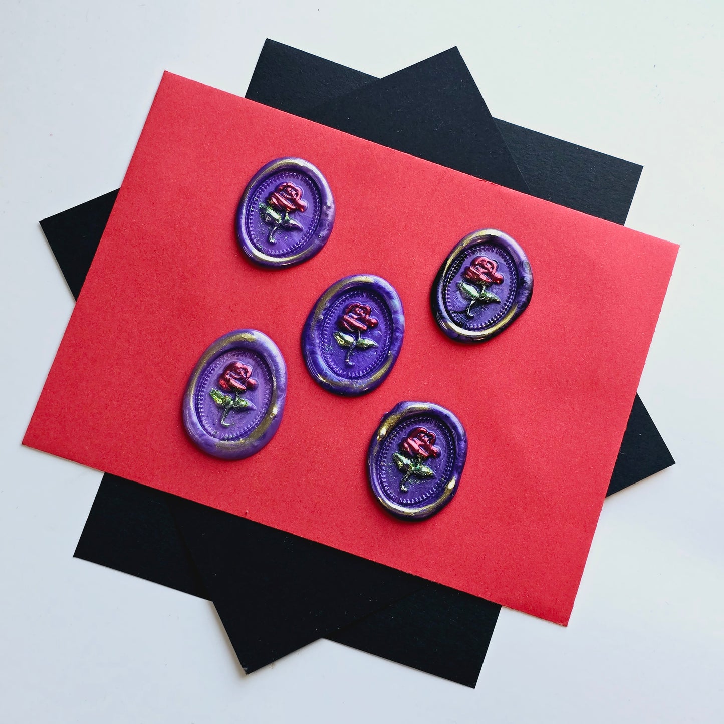 Rose Wax Seals Purple, Red, Green & Gold Set of Five