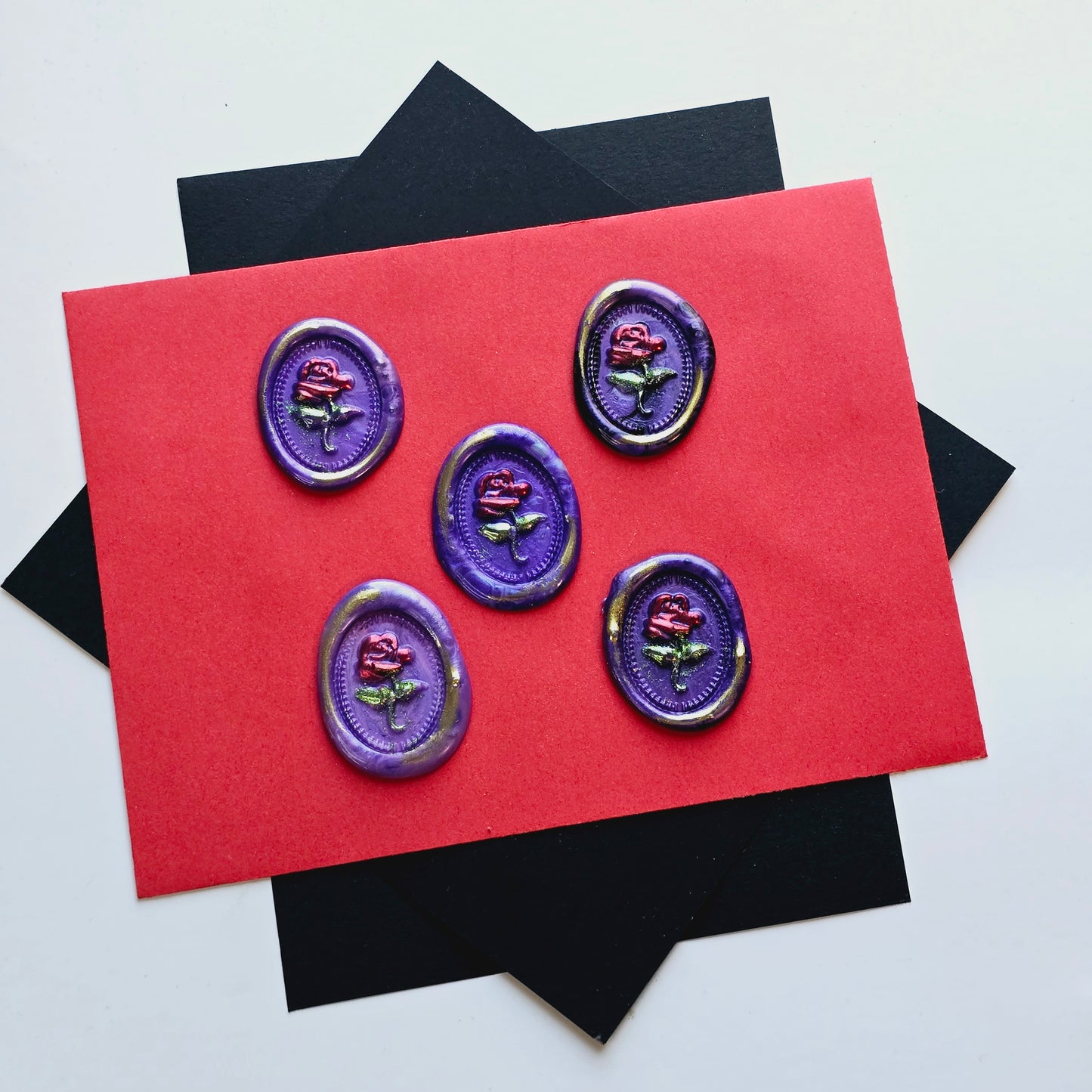 Rose Wax Seals Purple, Red, Green & Gold Set of Five