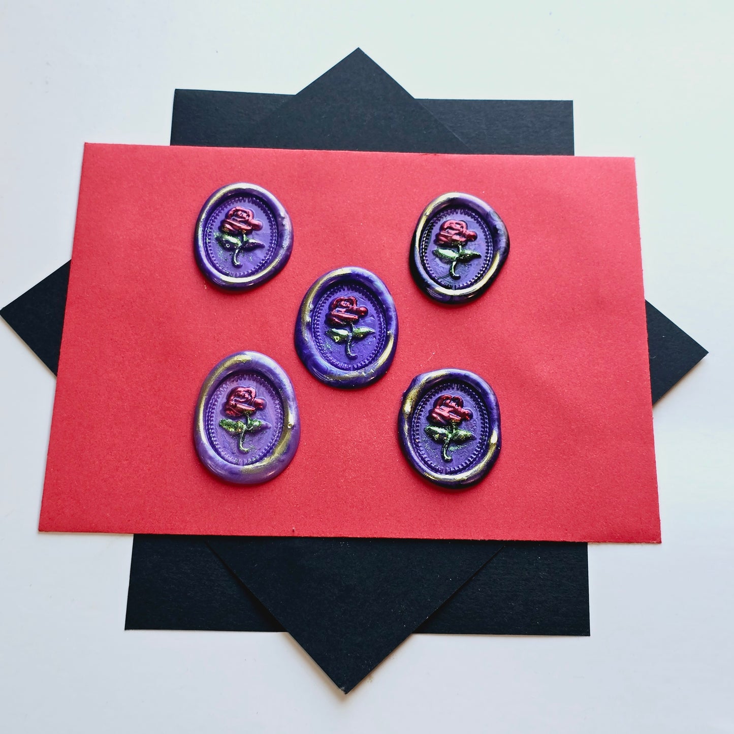 Rose Wax Seals Purple, Red, Green & Gold Set of Five