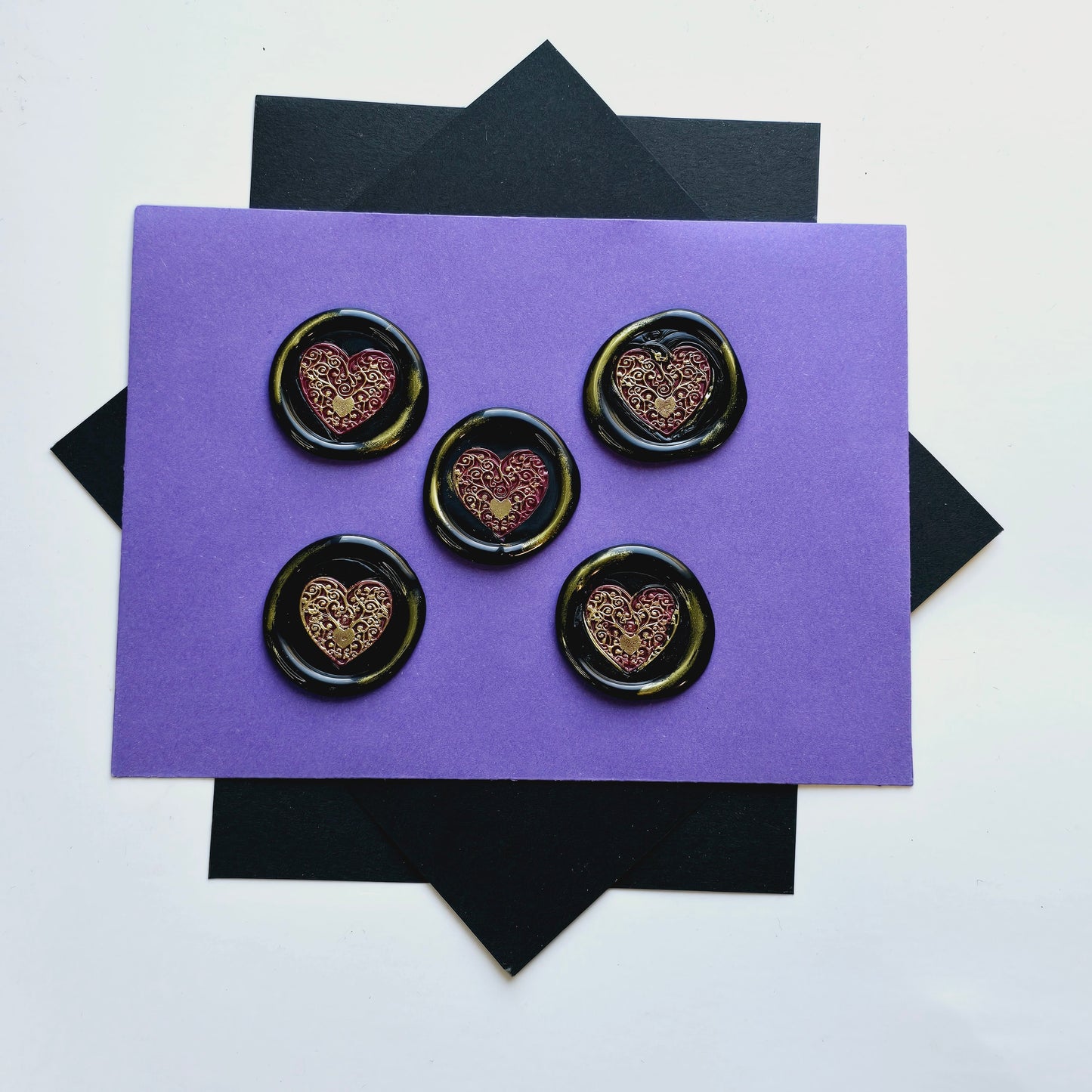 Heart Wax Seals Mulberry, Gold & Black Set of Five