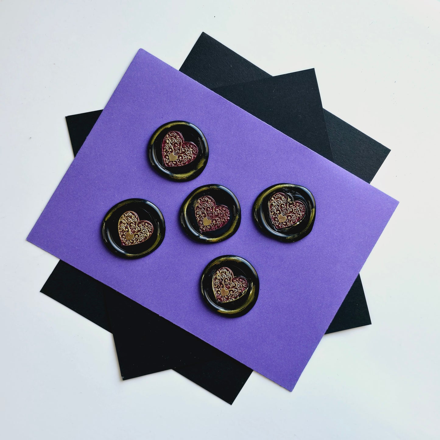 Heart Wax Seals Mulberry, Gold & Black Set of Five