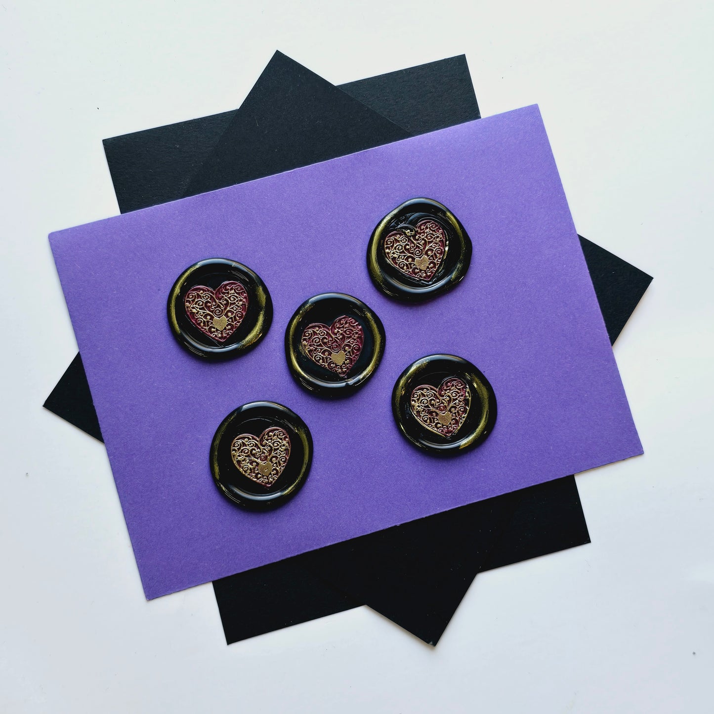 Heart Wax Seals Mulberry, Gold & Black Set of Five