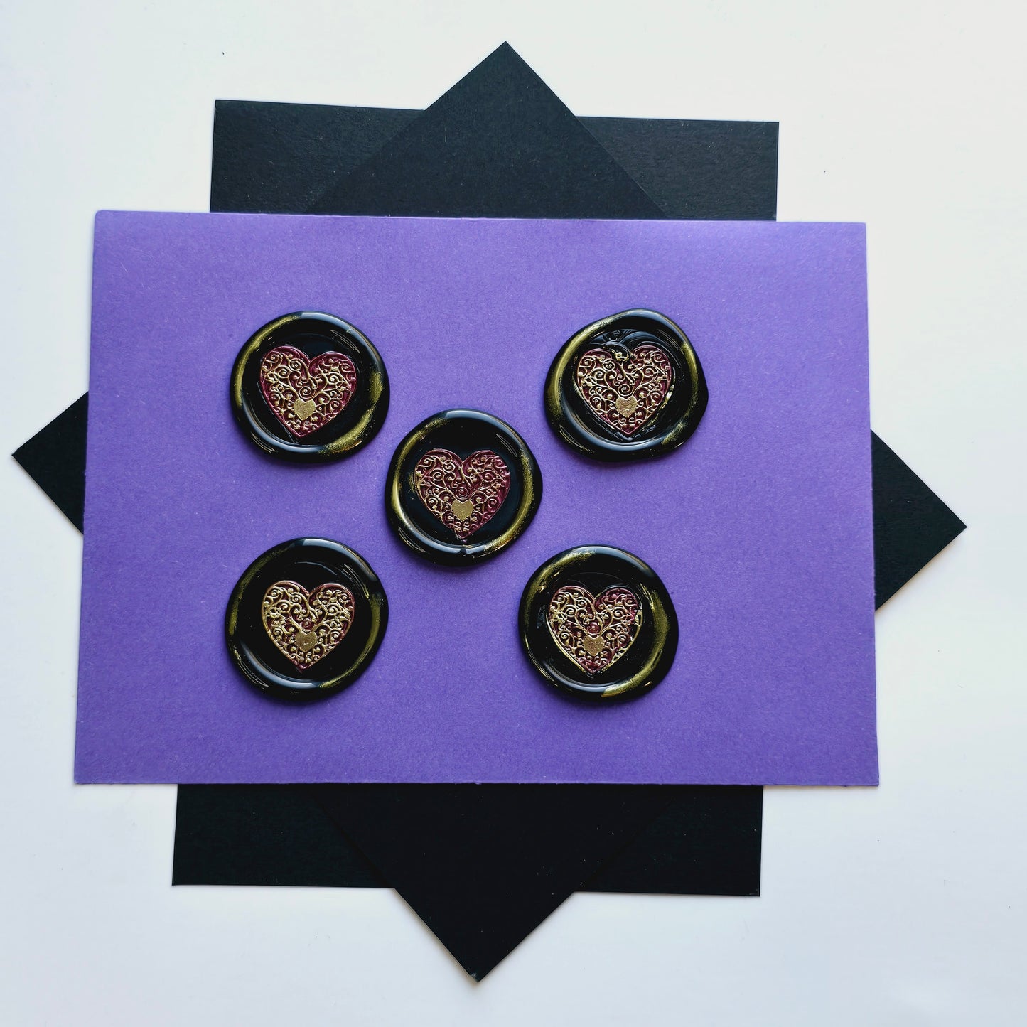 Heart Wax Seals Mulberry, Gold & Black Set of Five