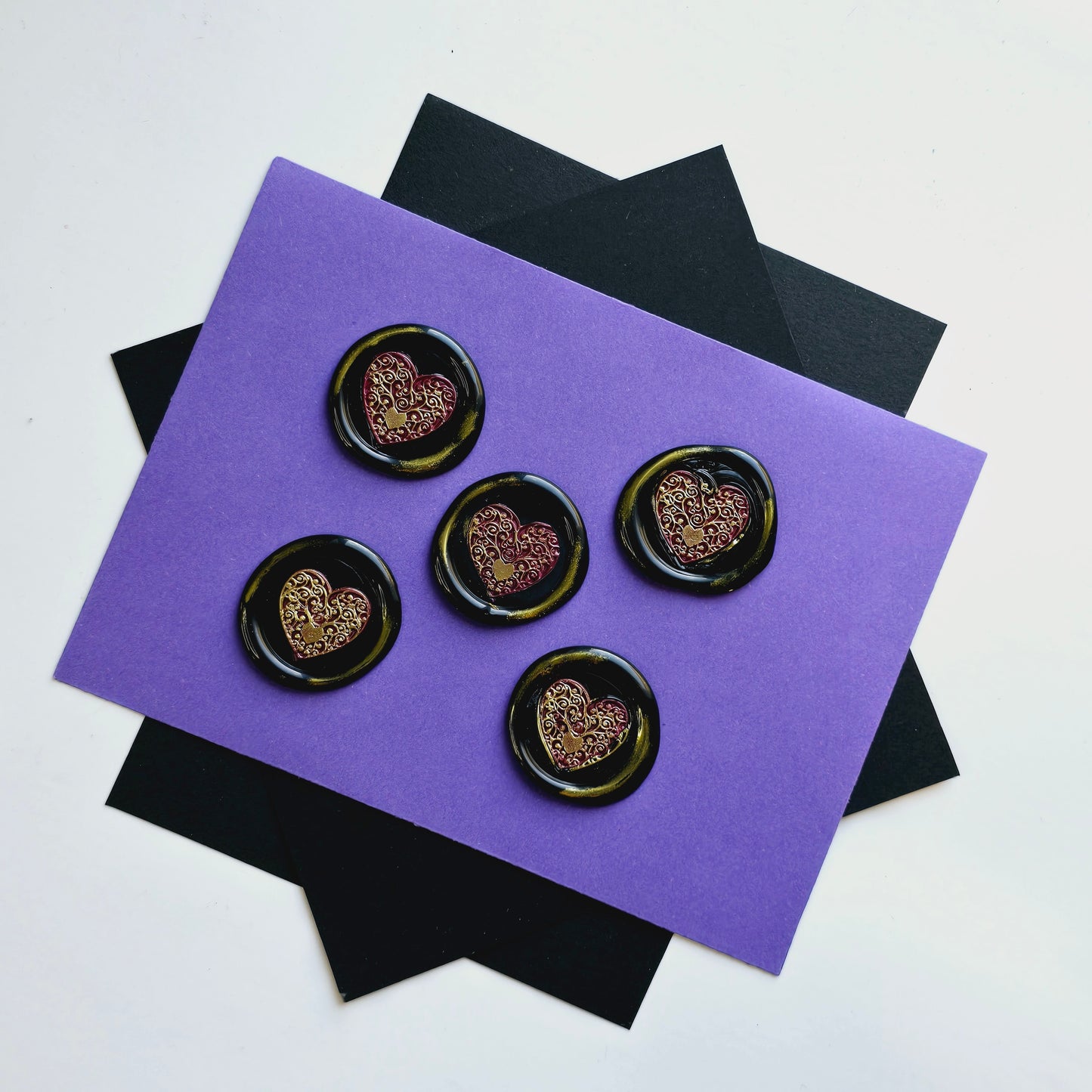 Heart Wax Seals Mulberry, Gold & Black Set of Five