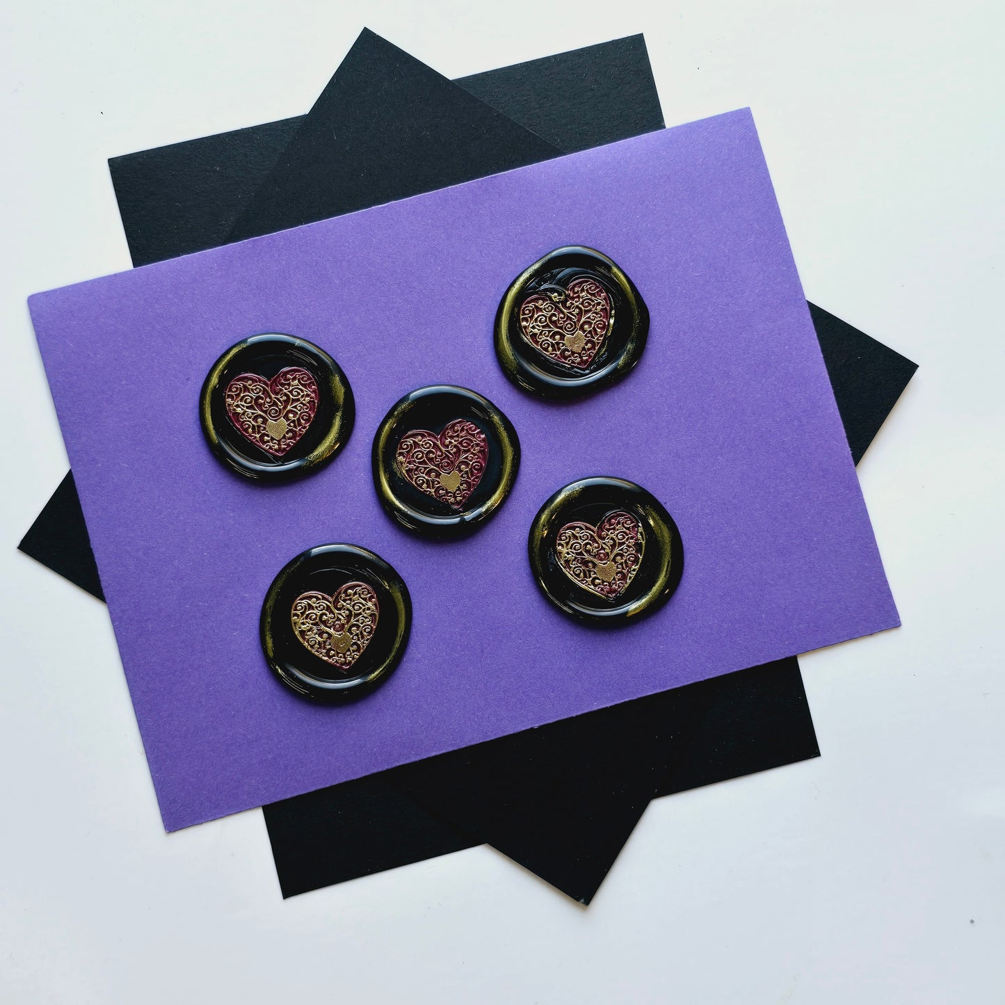 Heart Wax Seals Mulberry, Gold & Black Set of Five