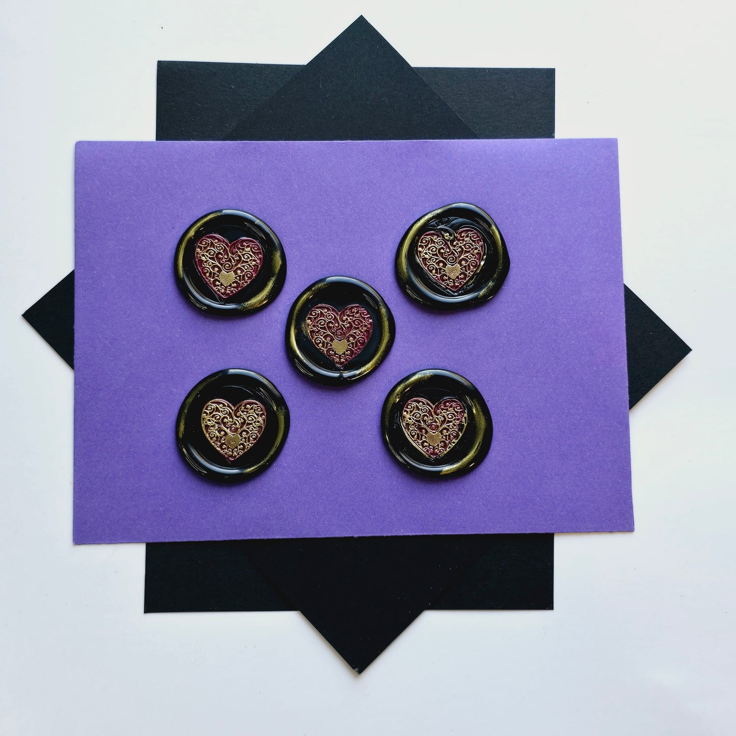 Heart Wax Seals Mulberry, Gold & Black Set of Five