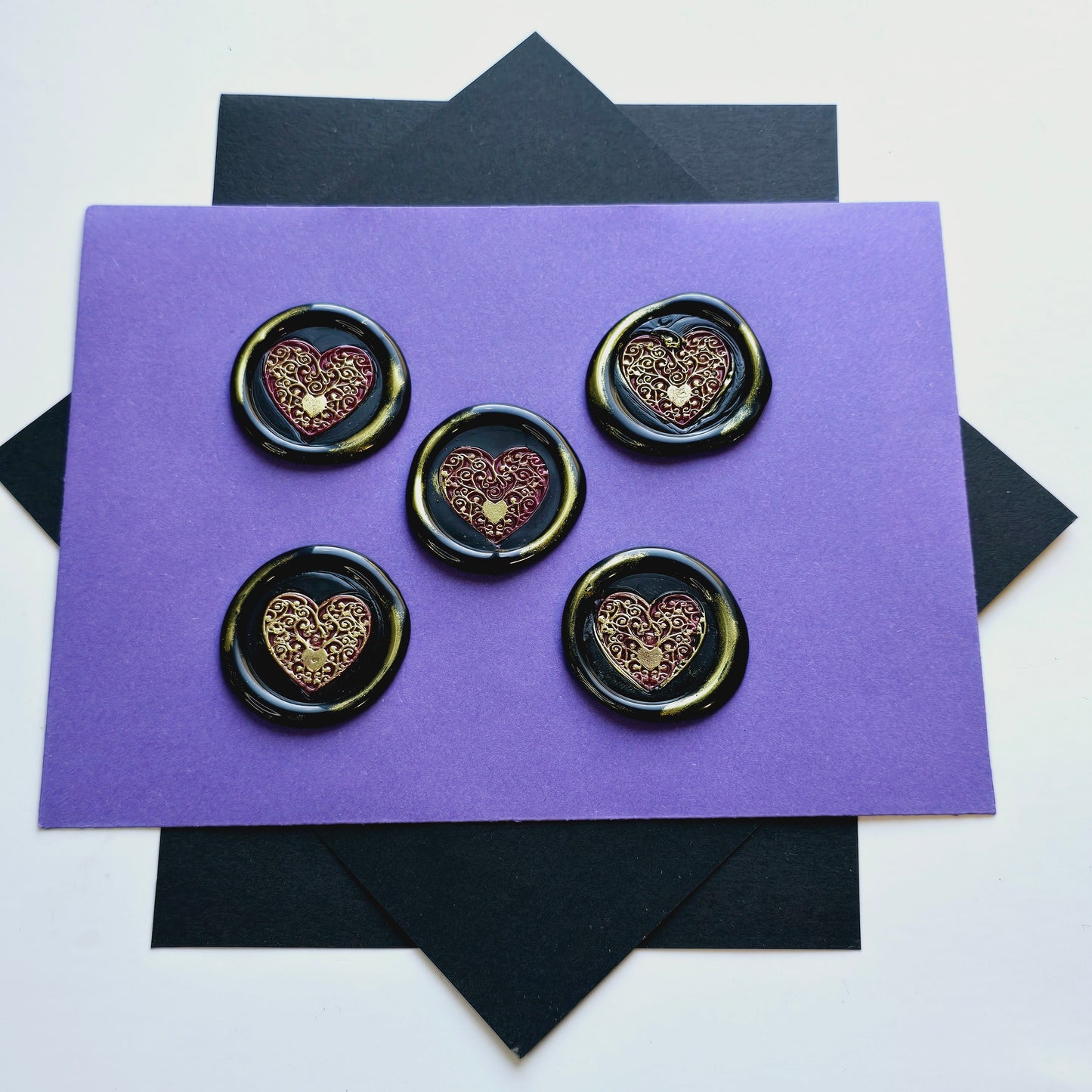 Heart Wax Seals Mulberry, Gold & Black Set of Five