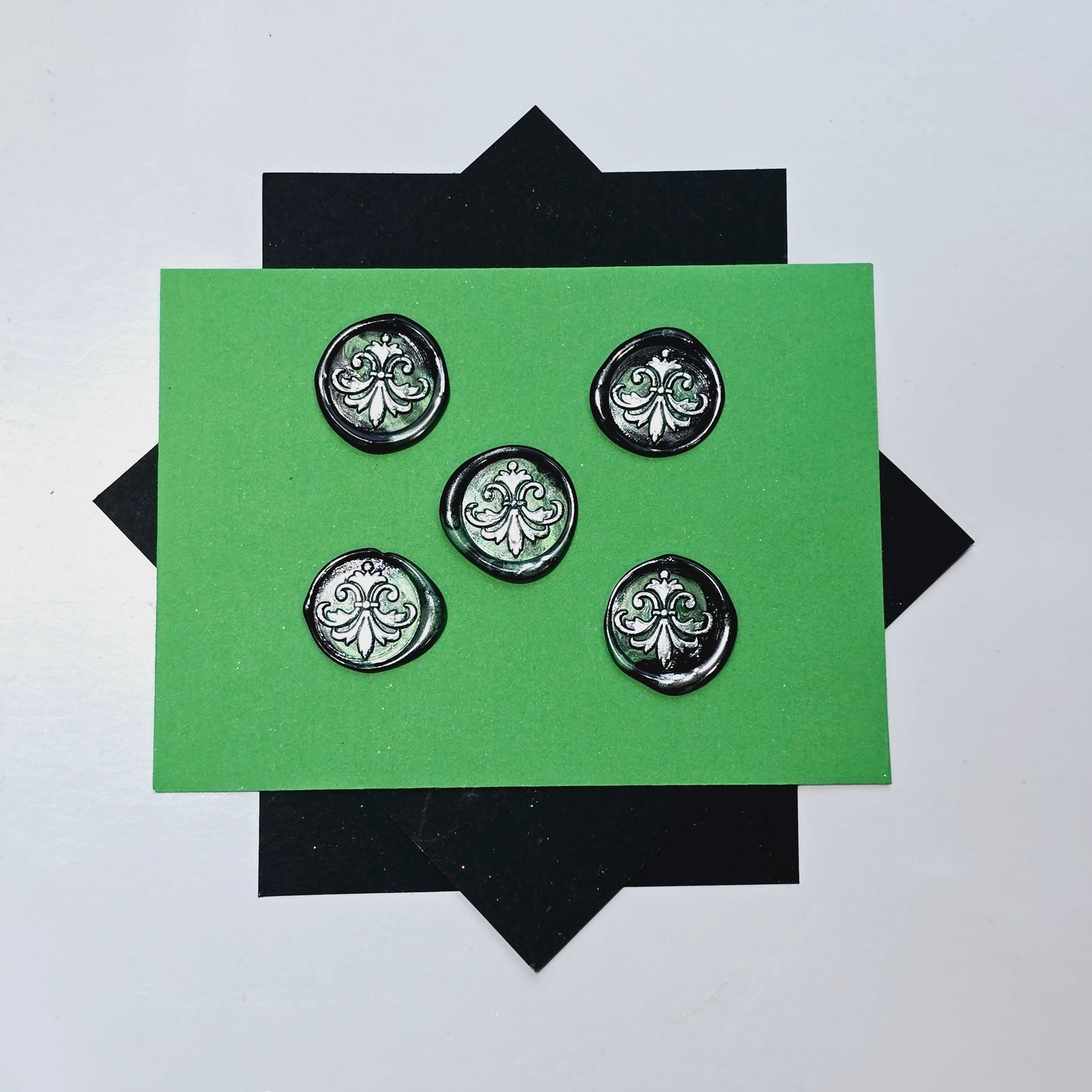 Lily Wax Seals Fleur de lis Green, Silver & Black Set of Five