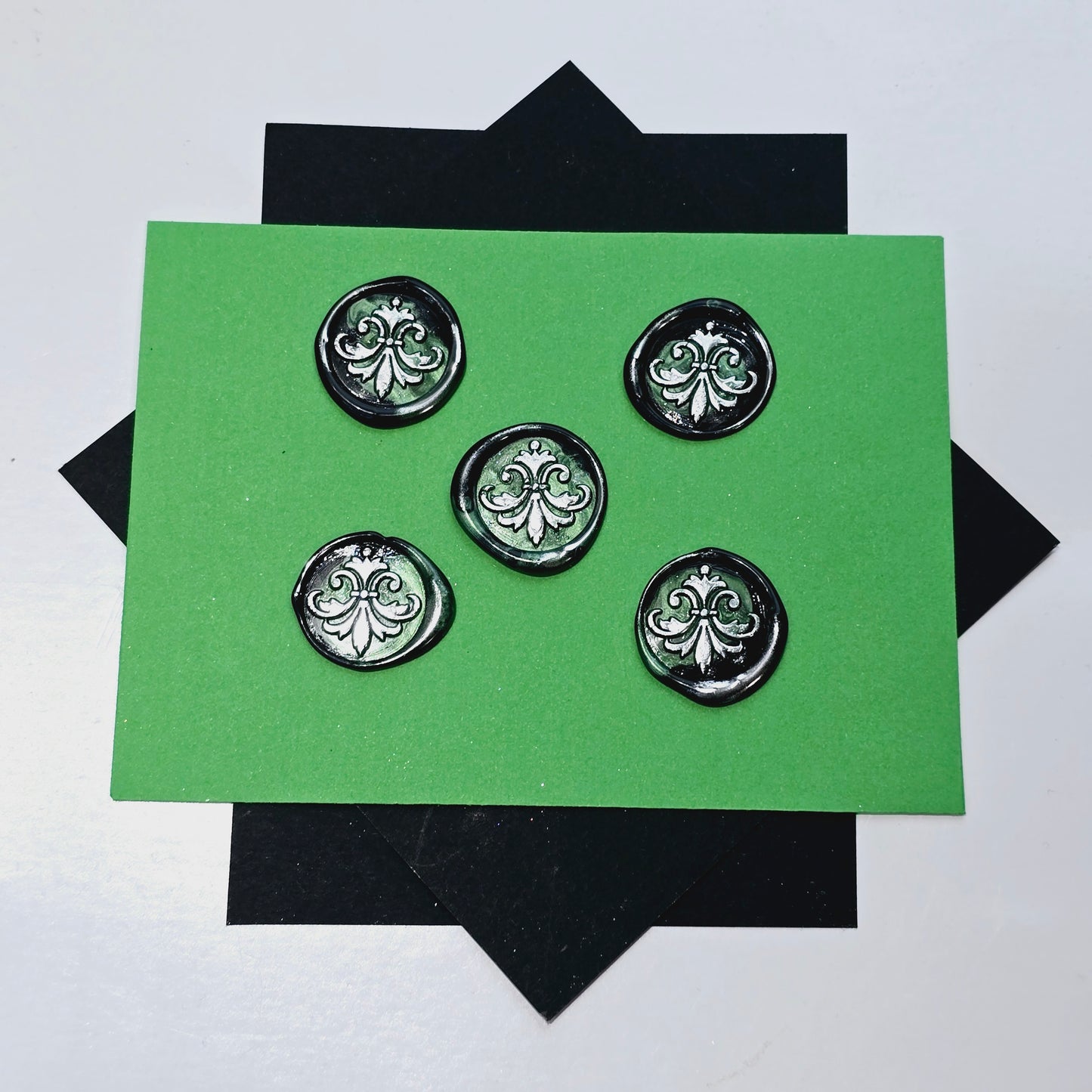 Lily Wax Seals Fleur de lis Green, Silver & Black Set of Five