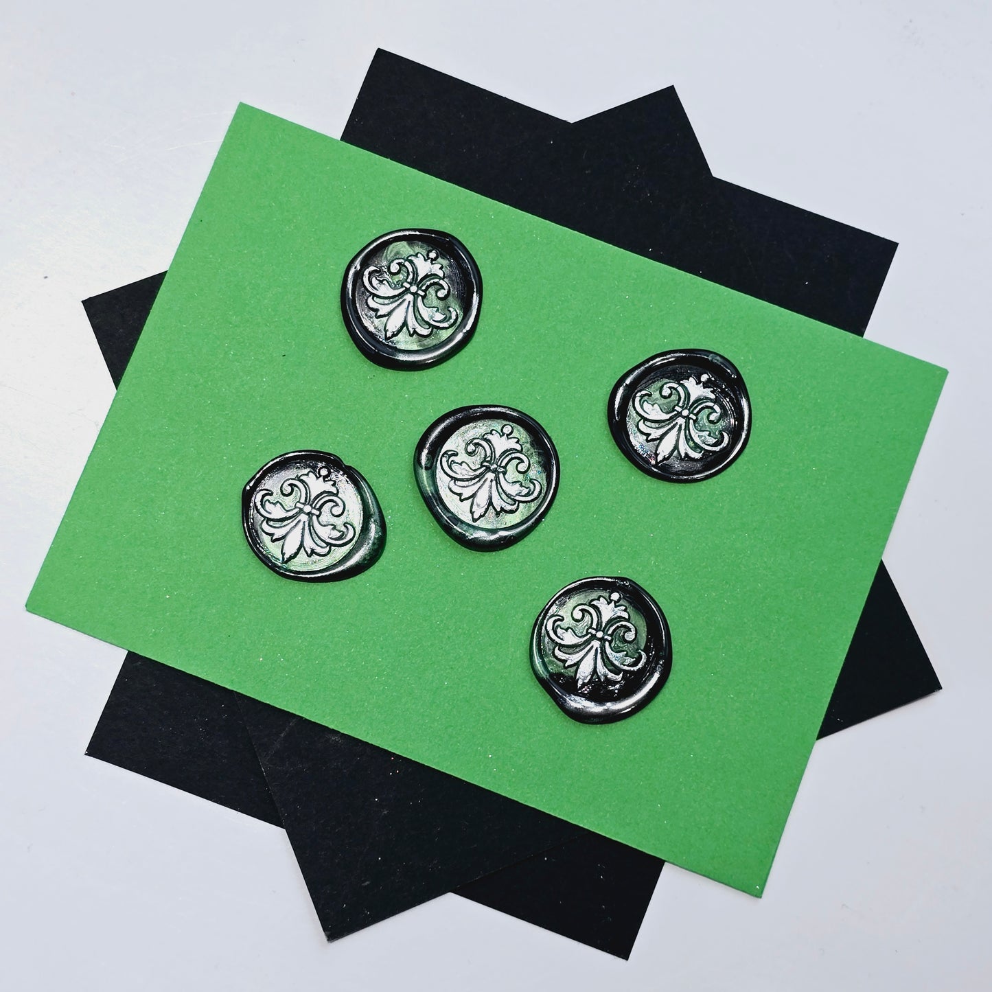 Lily Wax Seals Fleur de lis Green, Silver & Black Set of Five