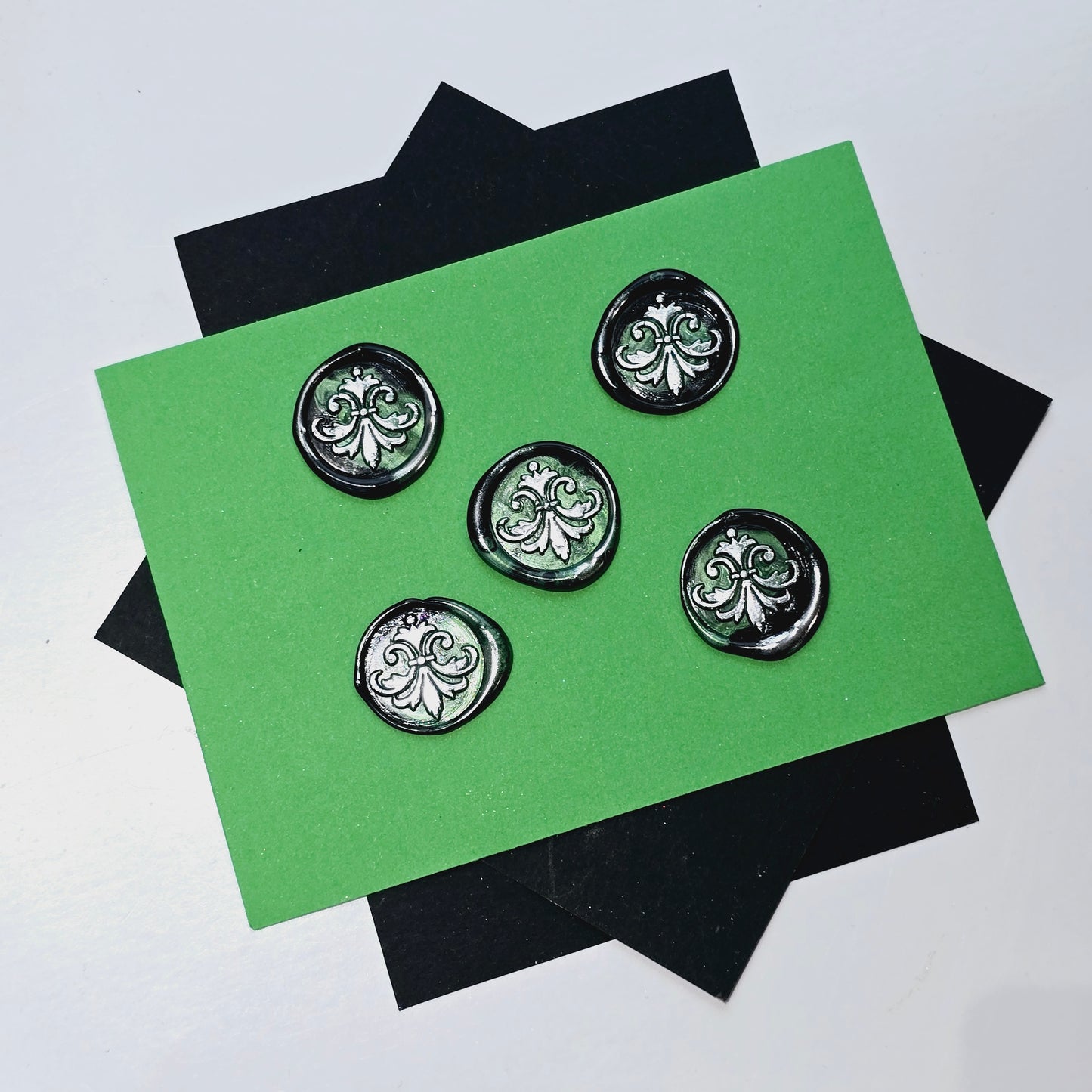 Lily Wax Seals Fleur de lis Green, Silver & Black Set of Five