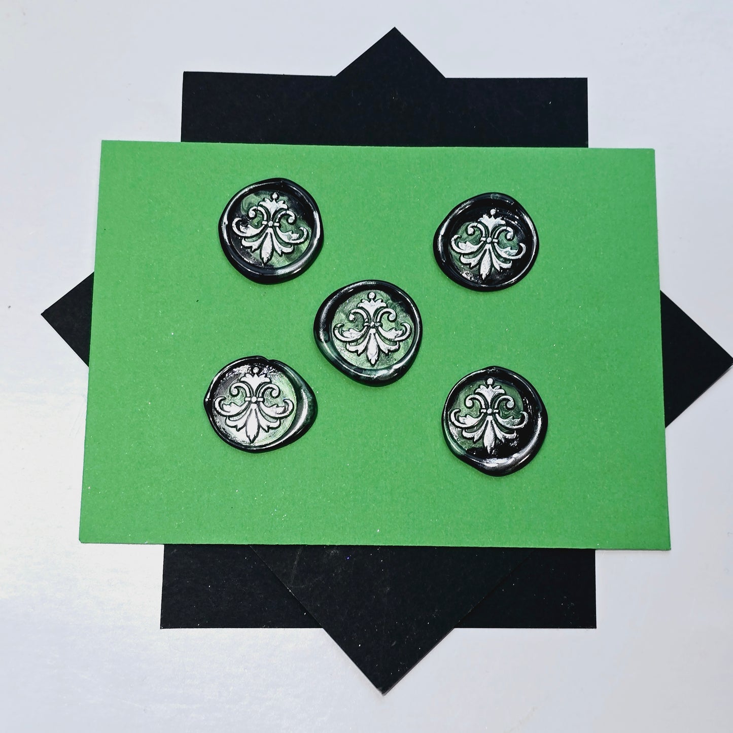 Lily Wax Seals Fleur de lis Green, Silver & Black Set of Five