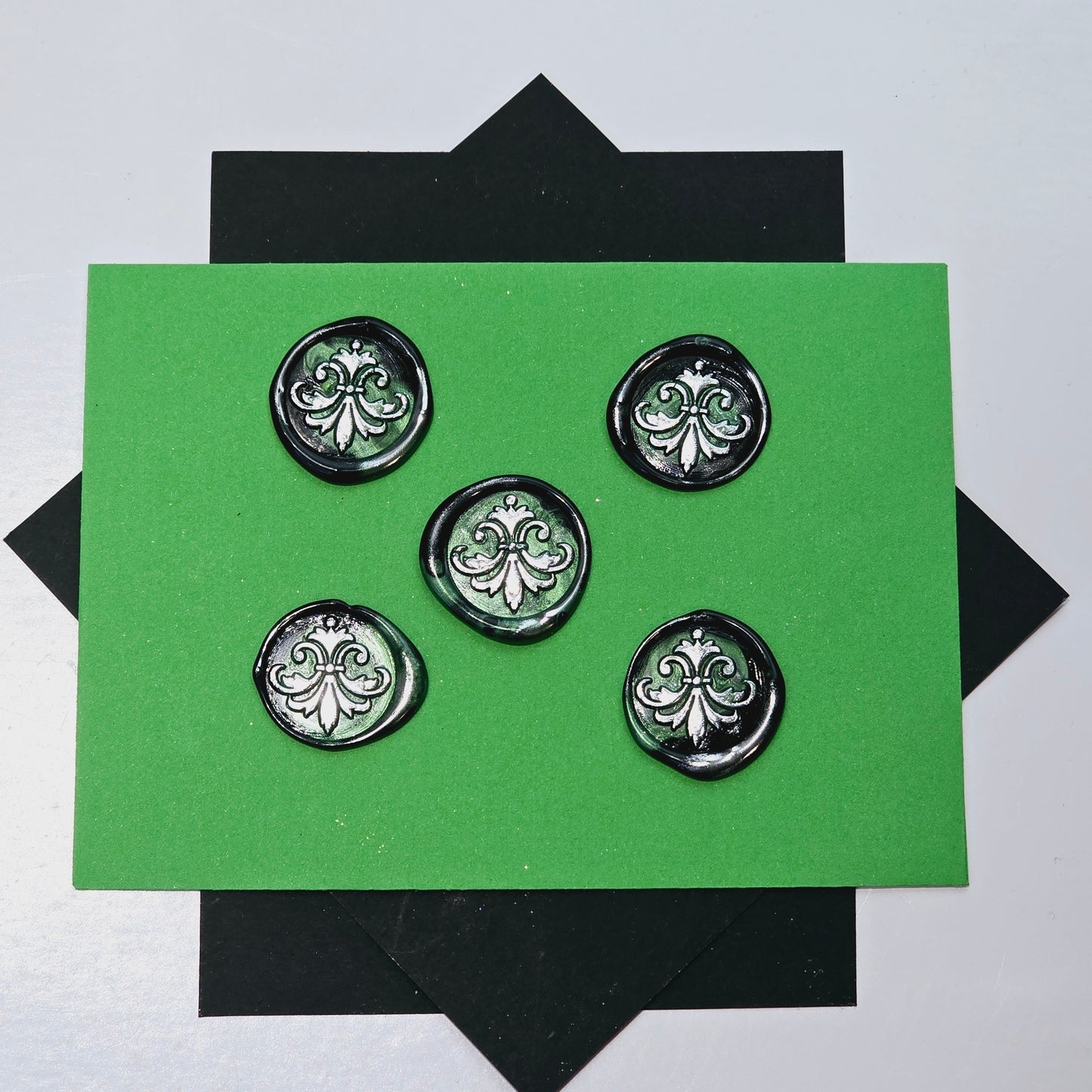 Lily Wax Seals Fleur de lis Green, Silver & Black Set of Five