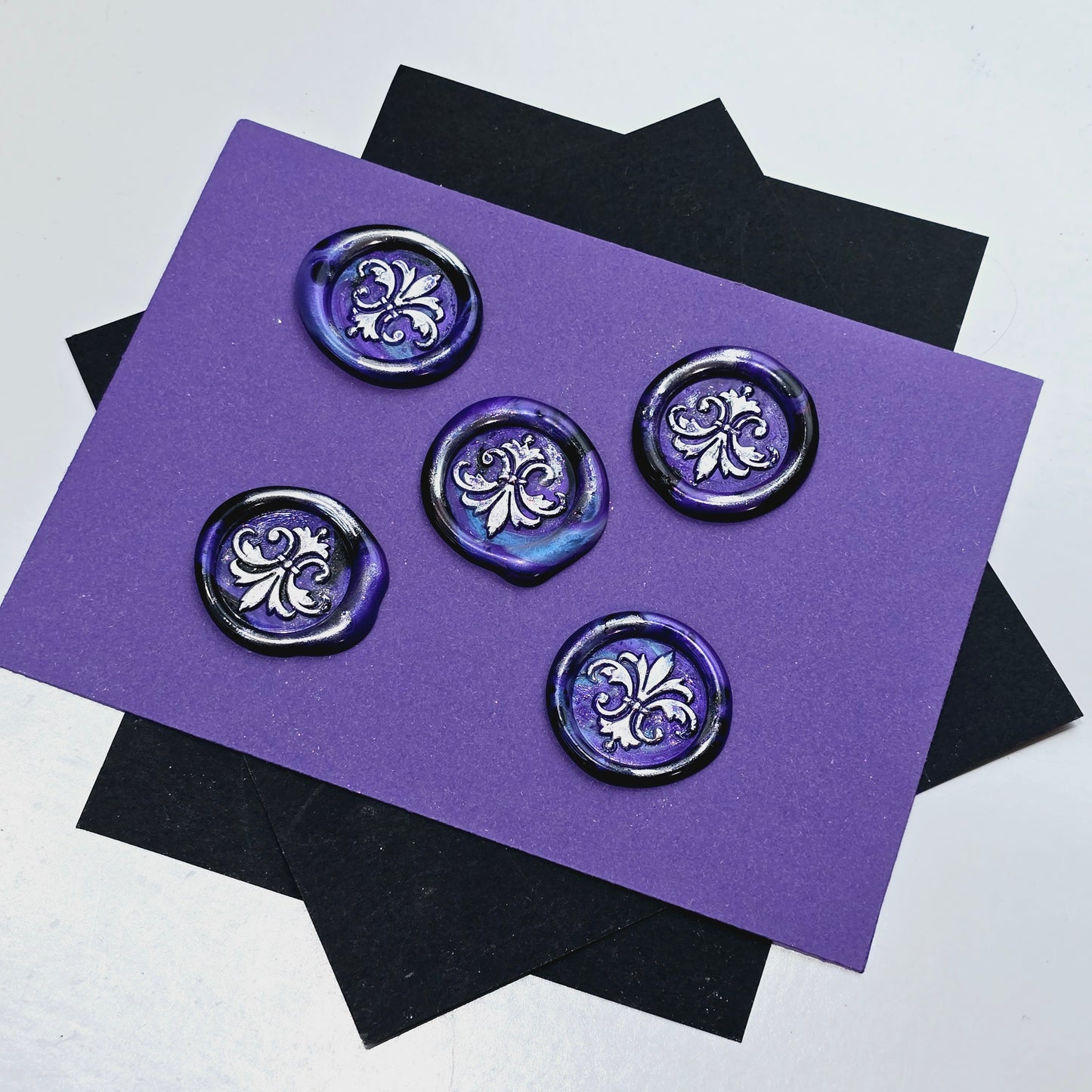 Lily Wax Seals Fleur de lis Purple, Black & Silver Set of Five