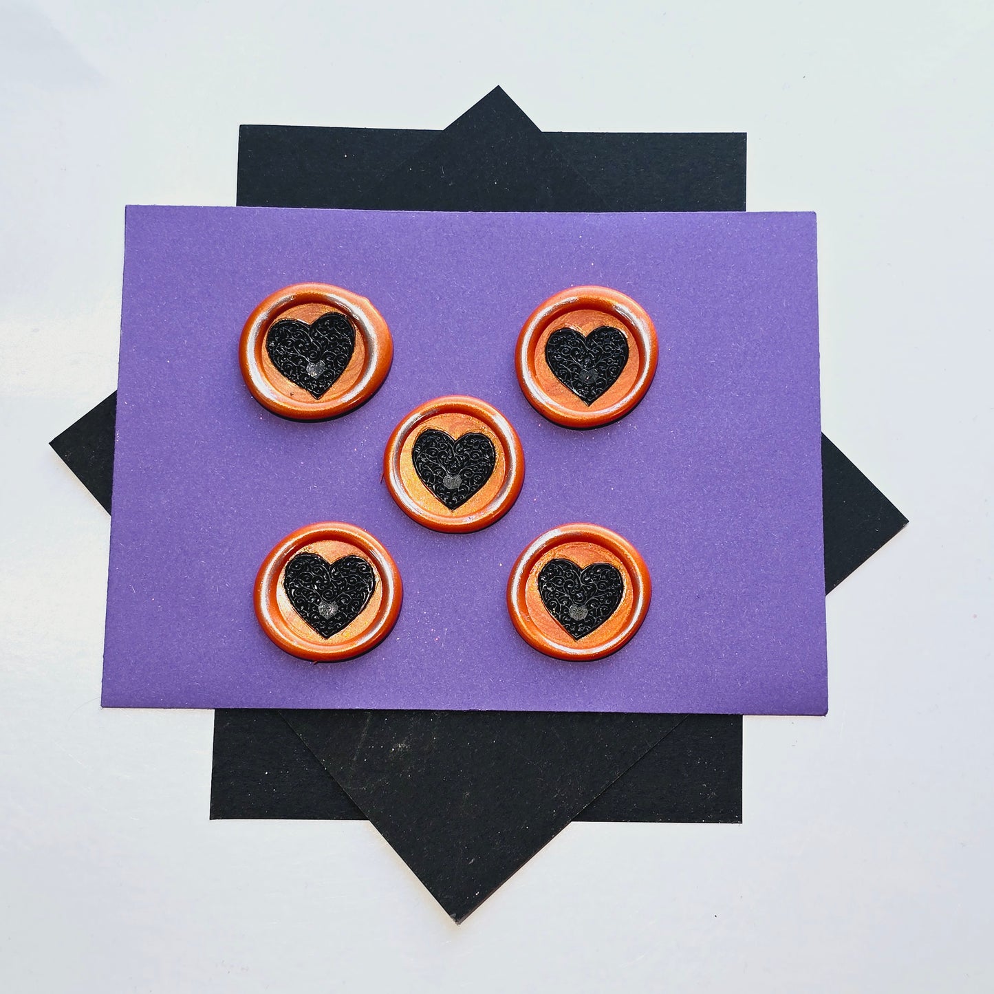 Halloween Heart Wax Seals Orange, Black & Silver Set of Five