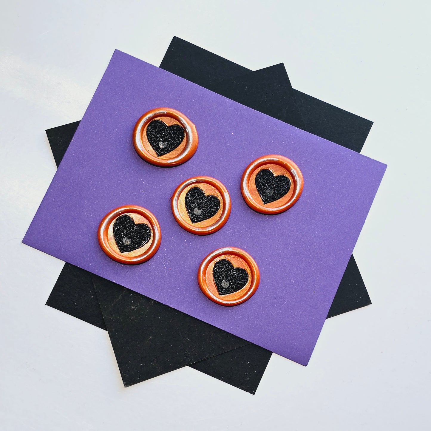 Halloween Heart Wax Seals Orange, Black & Silver Set of Five