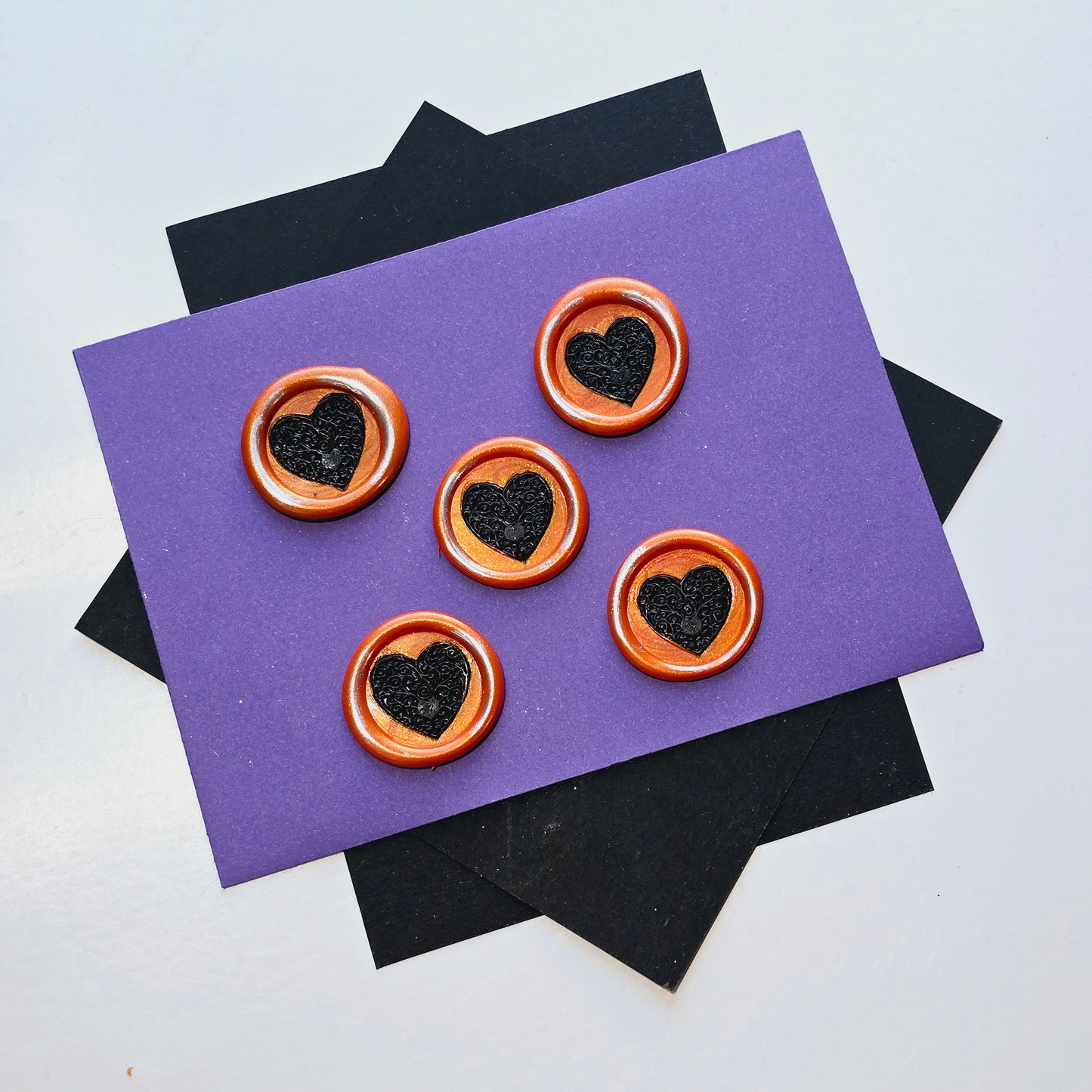 Halloween Heart Wax Seals Orange, Black & Silver Set of Five