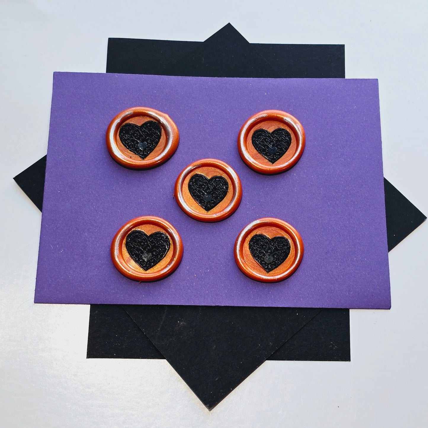 Halloween Heart Wax Seals Orange, Black & Silver Set of Five