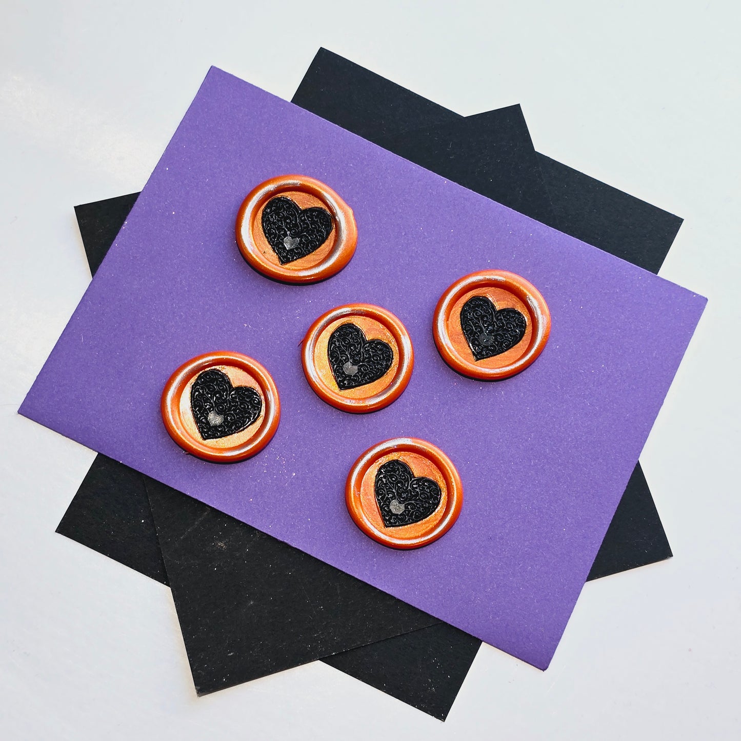 Halloween Heart Wax Seals Orange, Black & Silver Set of Five