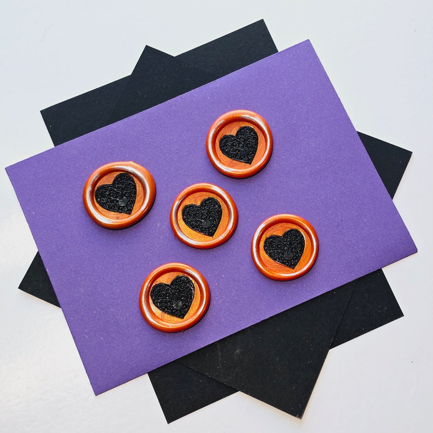 Halloween Heart Wax Seals Orange, Black & Silver Set of Five