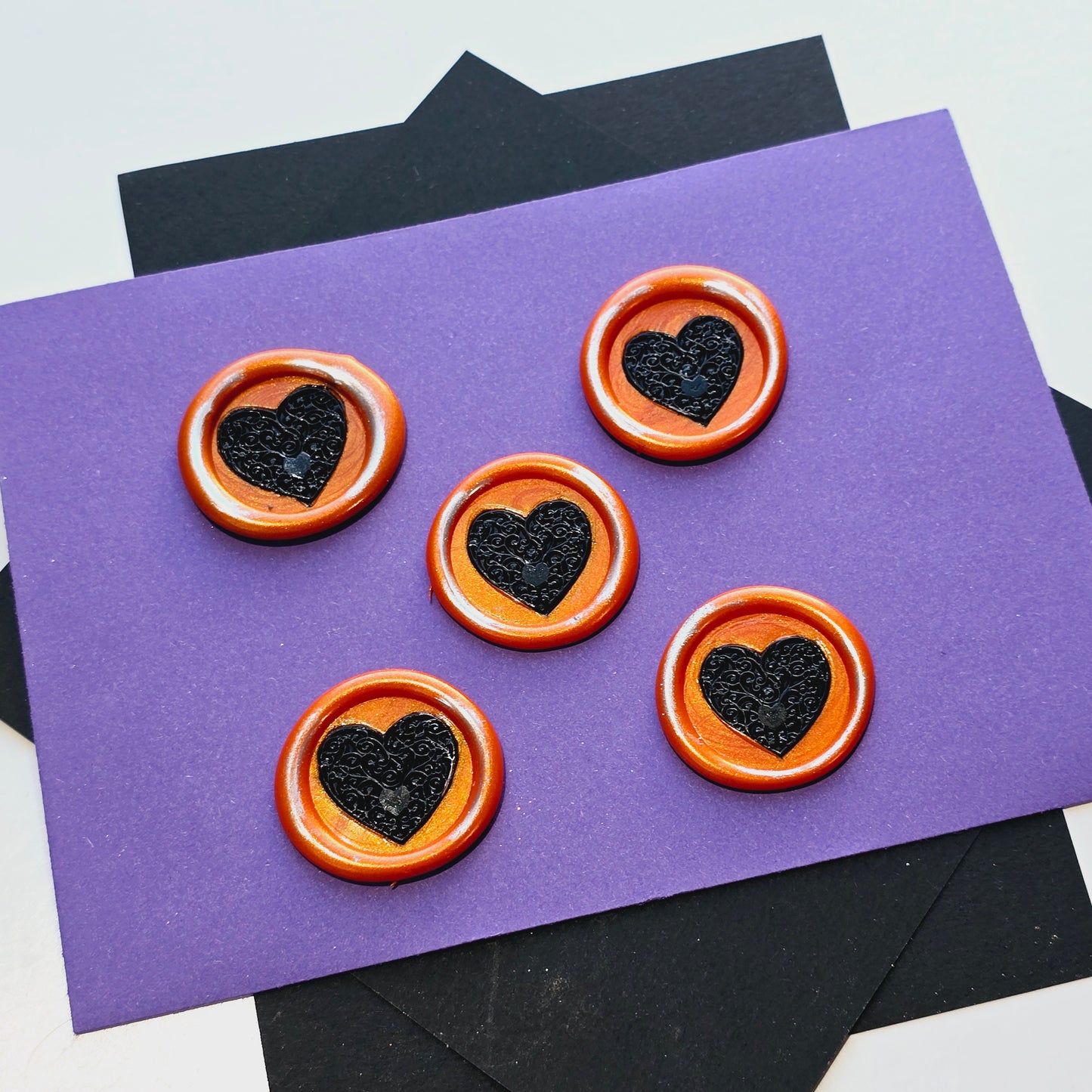 Halloween Heart Wax Seals Orange, Black & Silver Set of Five