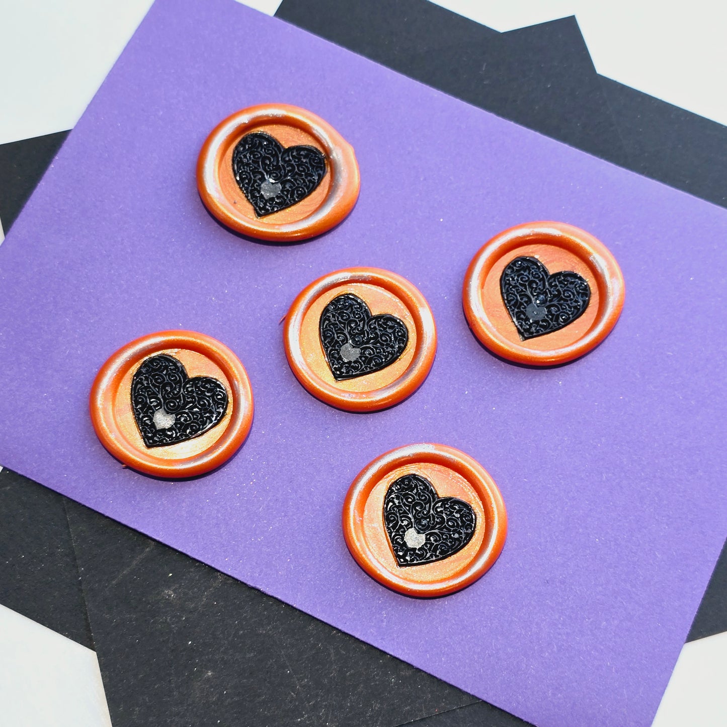 Halloween Heart Wax Seals Orange, Black & Silver Set of Five