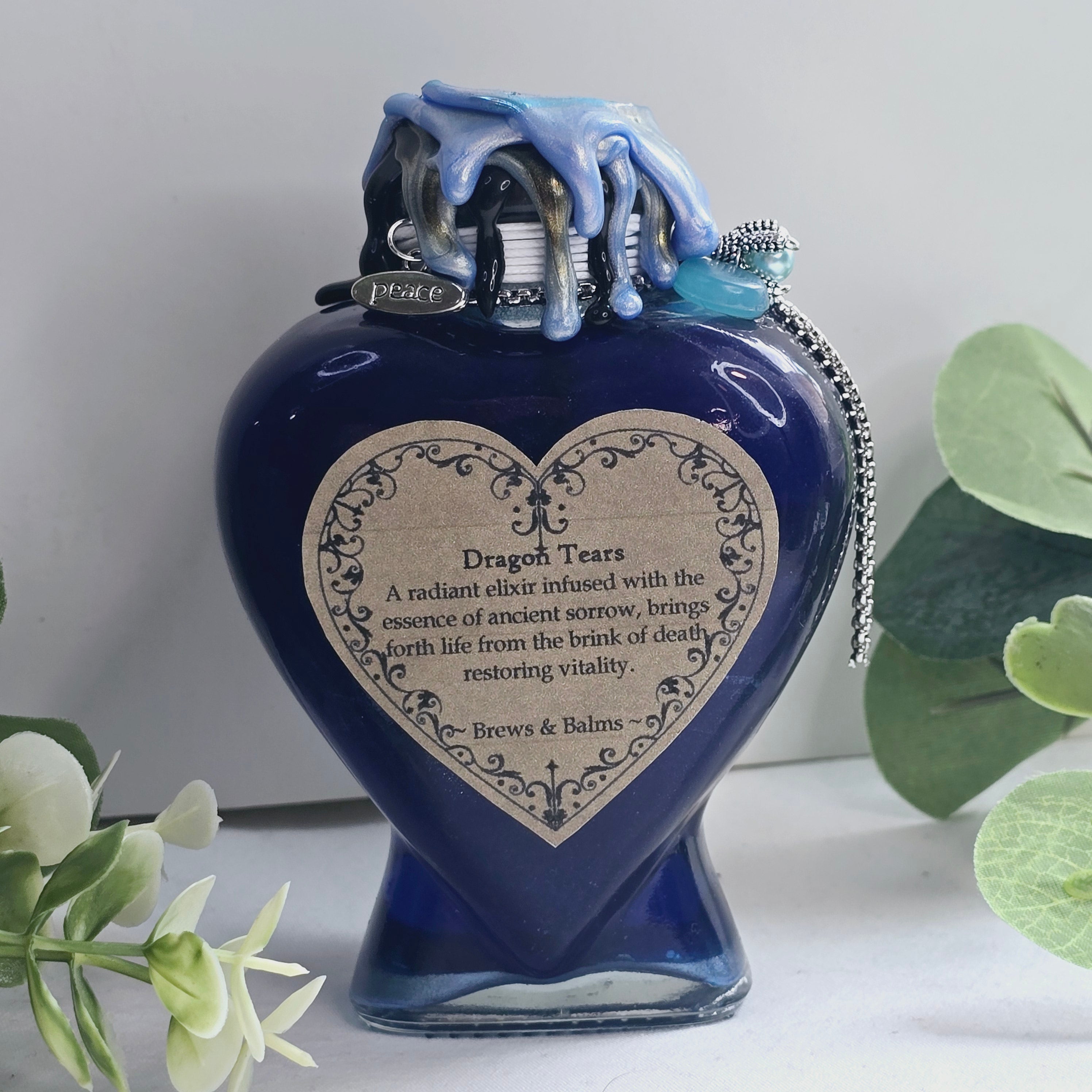 Handmade Dragon Tears Blue, Black & Silver Decorative Potion Bottle