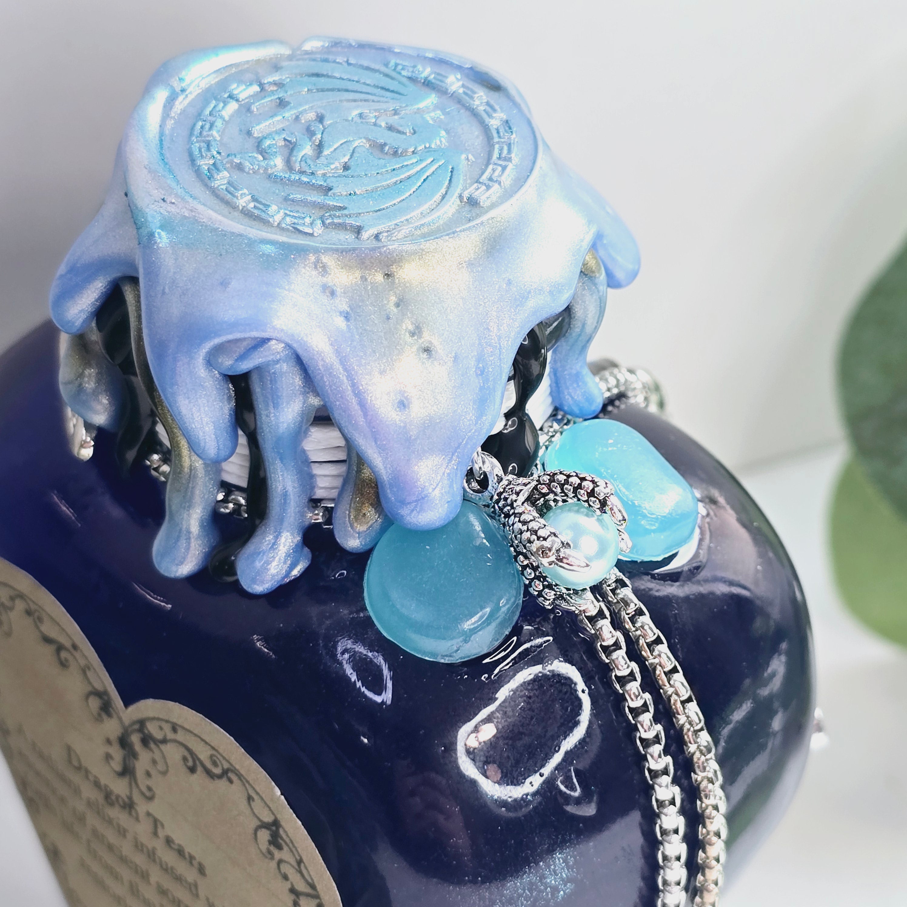 Handmade Dragon Tears Blue, Black & Silver Decorative Potion Bottle