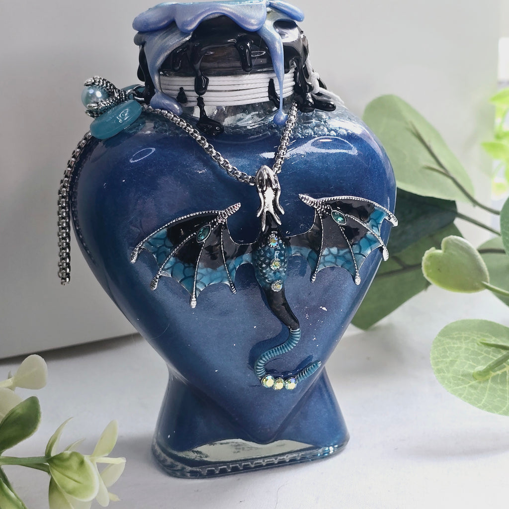 Handmade Dragon Tears Blue, Black & Silver Decorative Potion Bottle