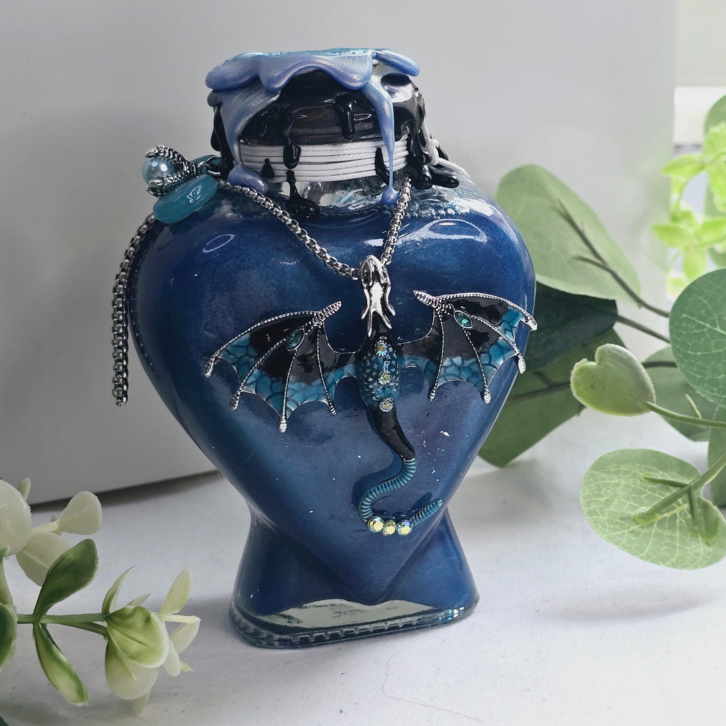Handmade Dragon Tears Blue, Black & Silver Decorative Potion Bottle