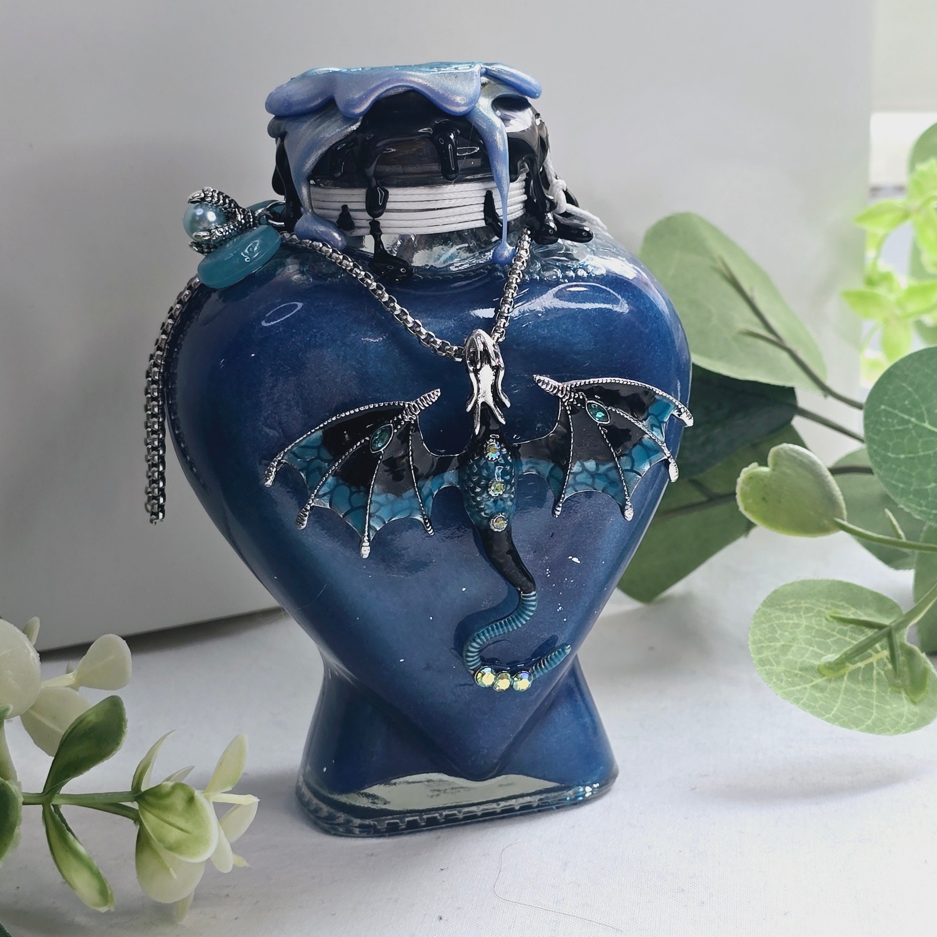 Handmade Dragon Tears Blue, Black & Silver Decorative Potion Bottle