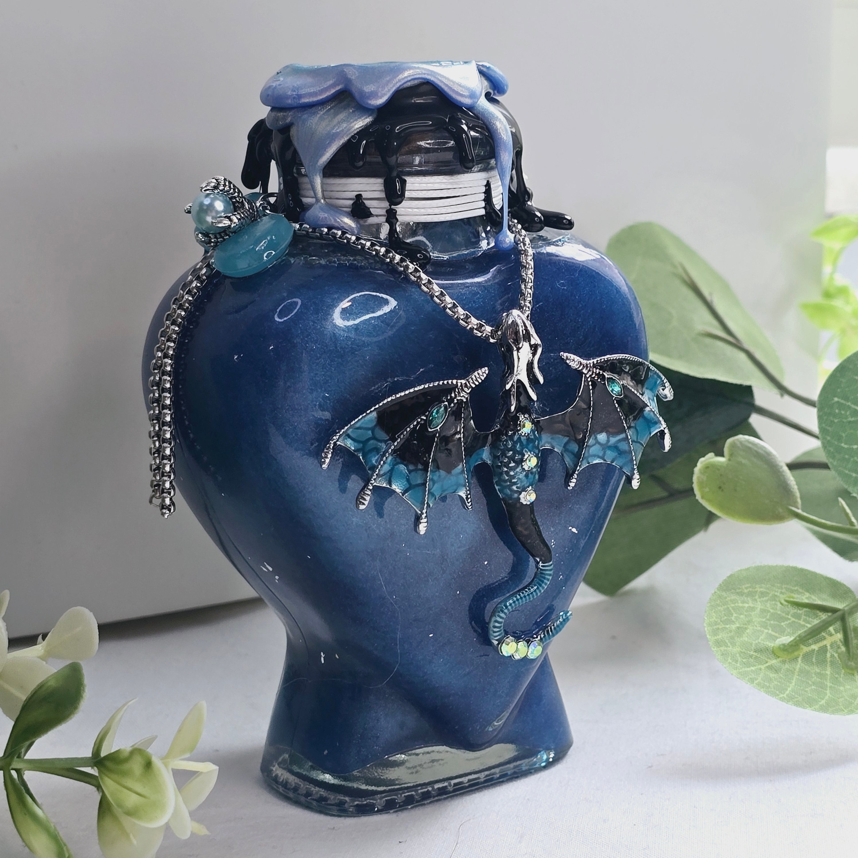 Handmade Dragon Tears Blue, Black & Silver Decorative Potion Bottle