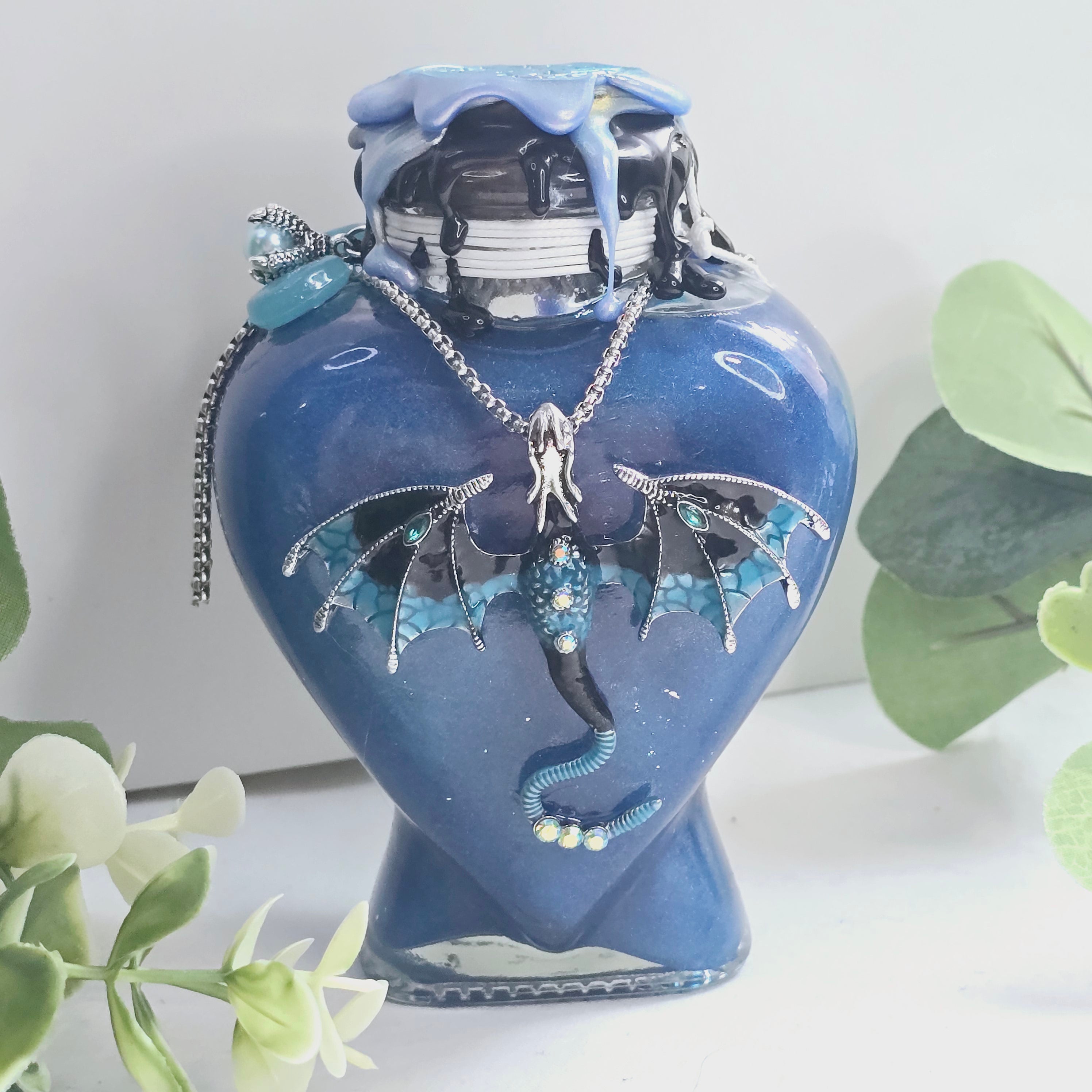Handmade Dragon Tears Blue, Black & Silver Decorative Potion Bottle