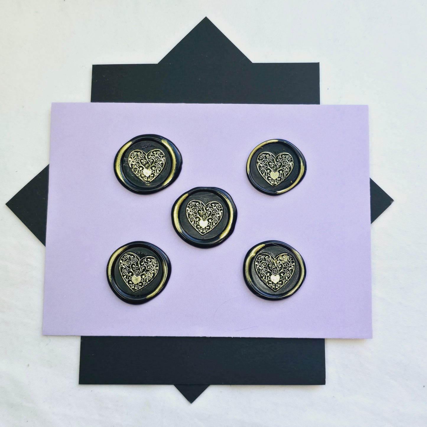 Heart Wax Seals Metallic Black & Gold Set of Five