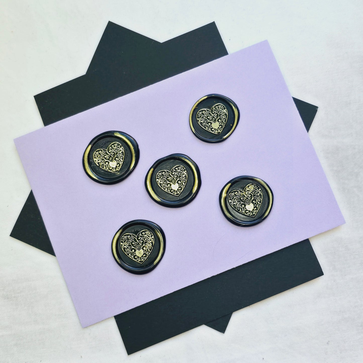 Heart Wax Seals Metallic Black & Gold Set of Five