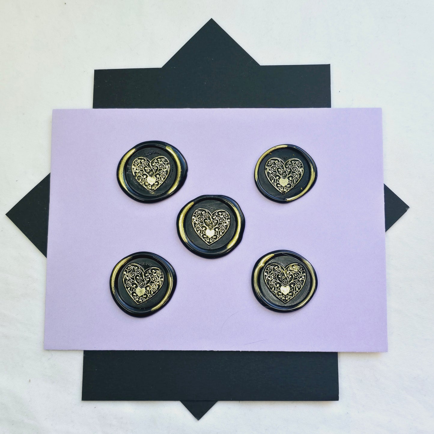 Heart Wax Seals Metallic Black & Gold Set of Five