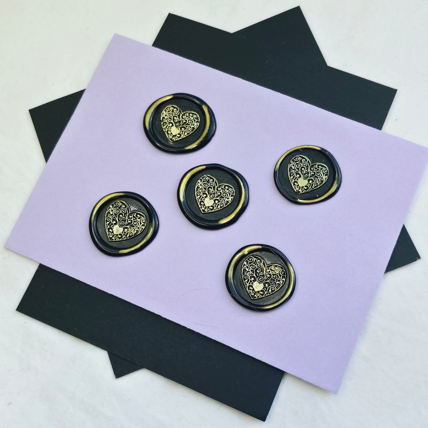 Heart Wax Seals Metallic Black & Gold Set of Five