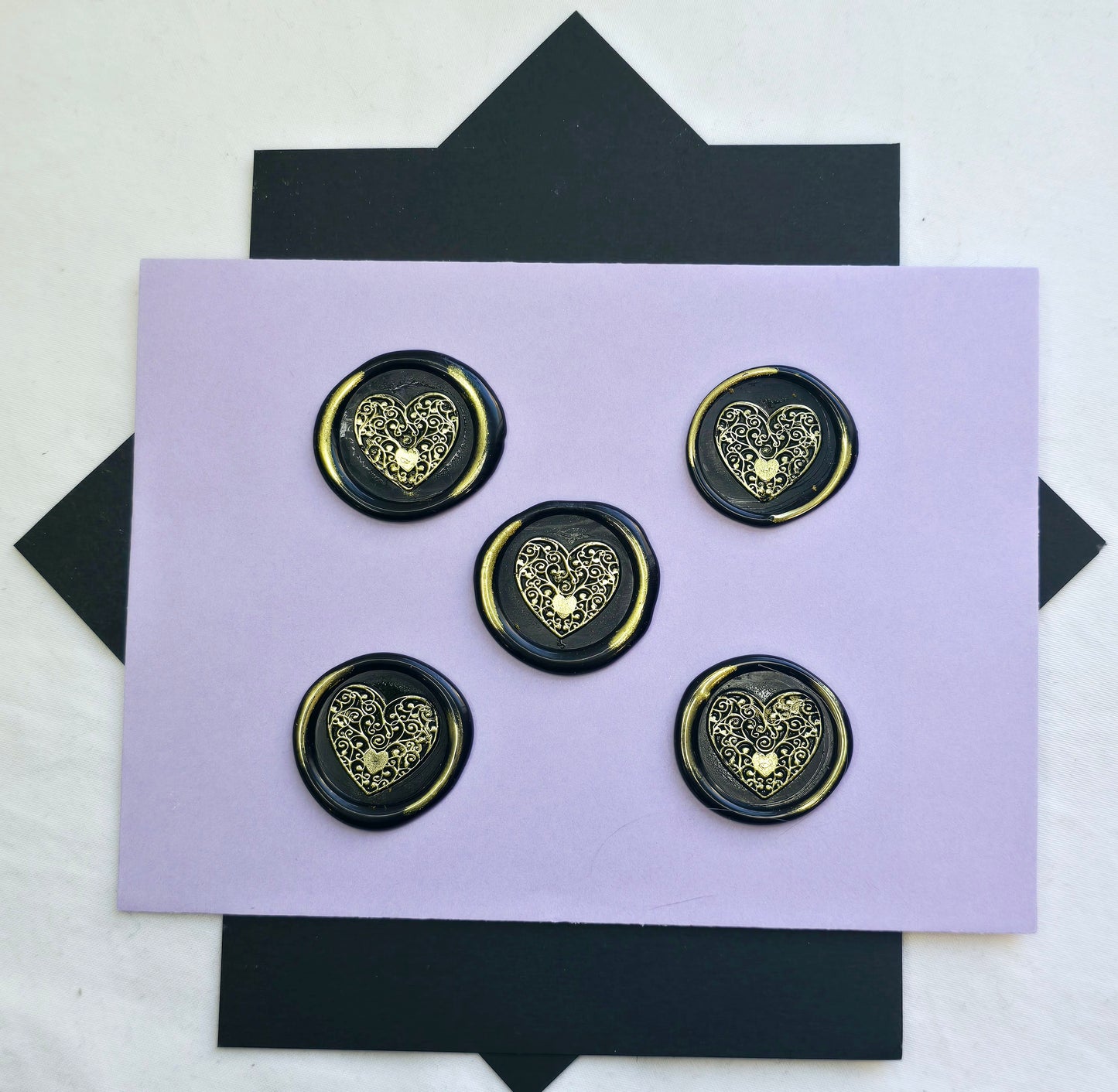 Heart Wax Seals Metallic Black & Gold Set of Five