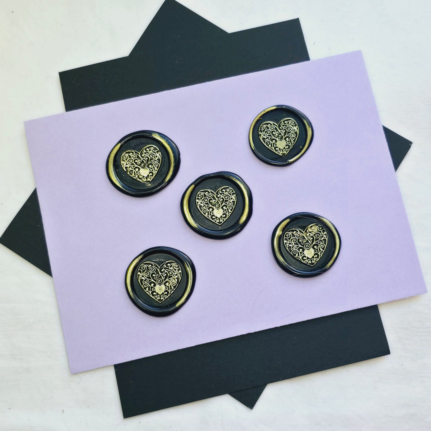 Heart Wax Seals Metallic Black & Gold Set of Five