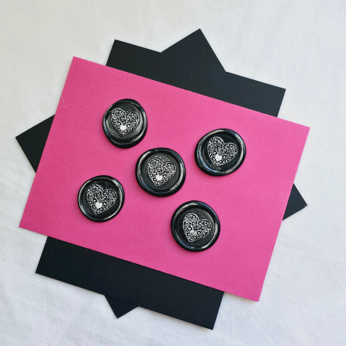 Heart Wax Seals Metallic Black & Silver Set of Five