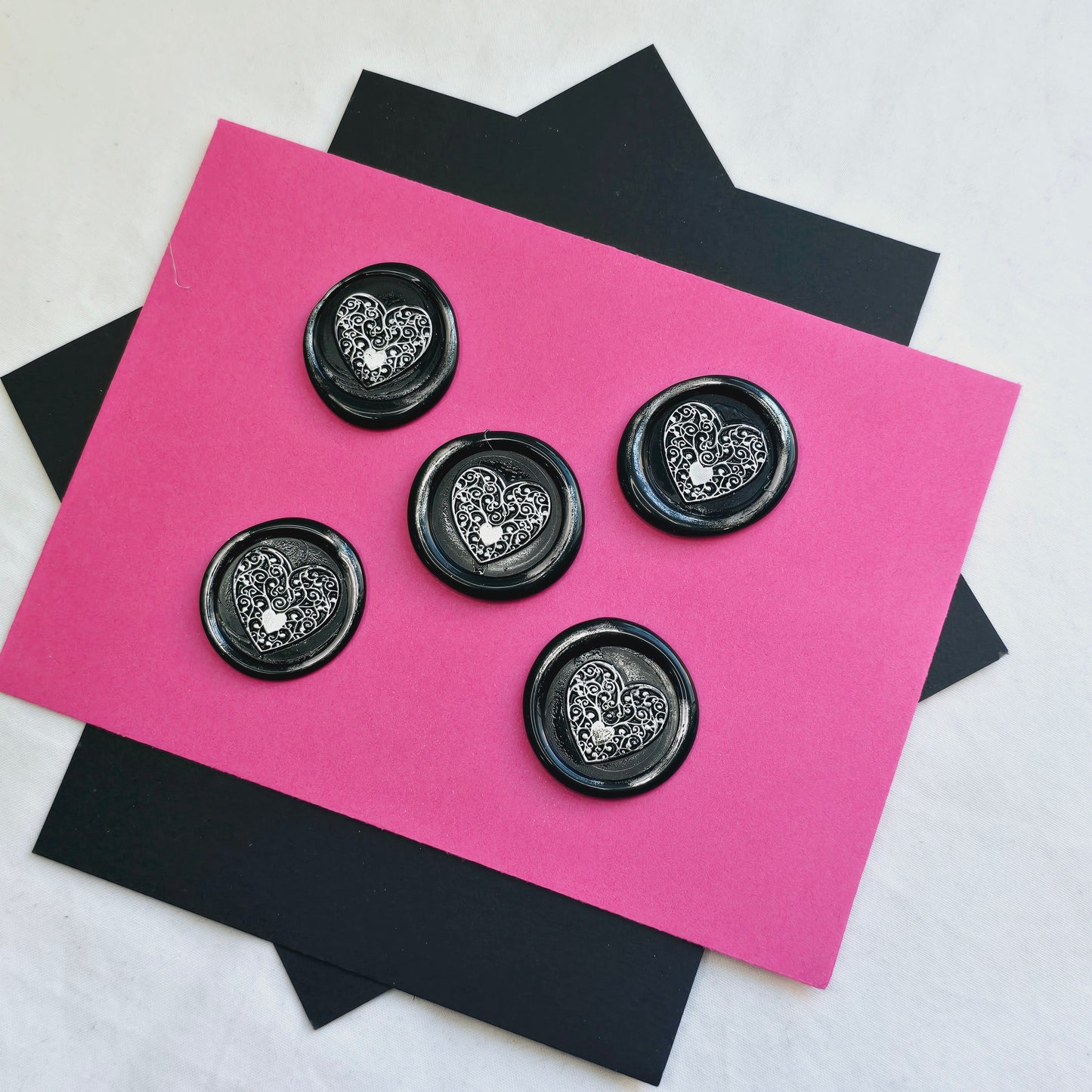 Heart Wax Seals Metallic Black & Silver Set of Five