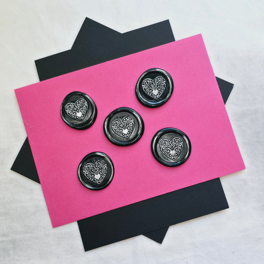 Heart Wax Seals Metallic Black & Silver Set of Five