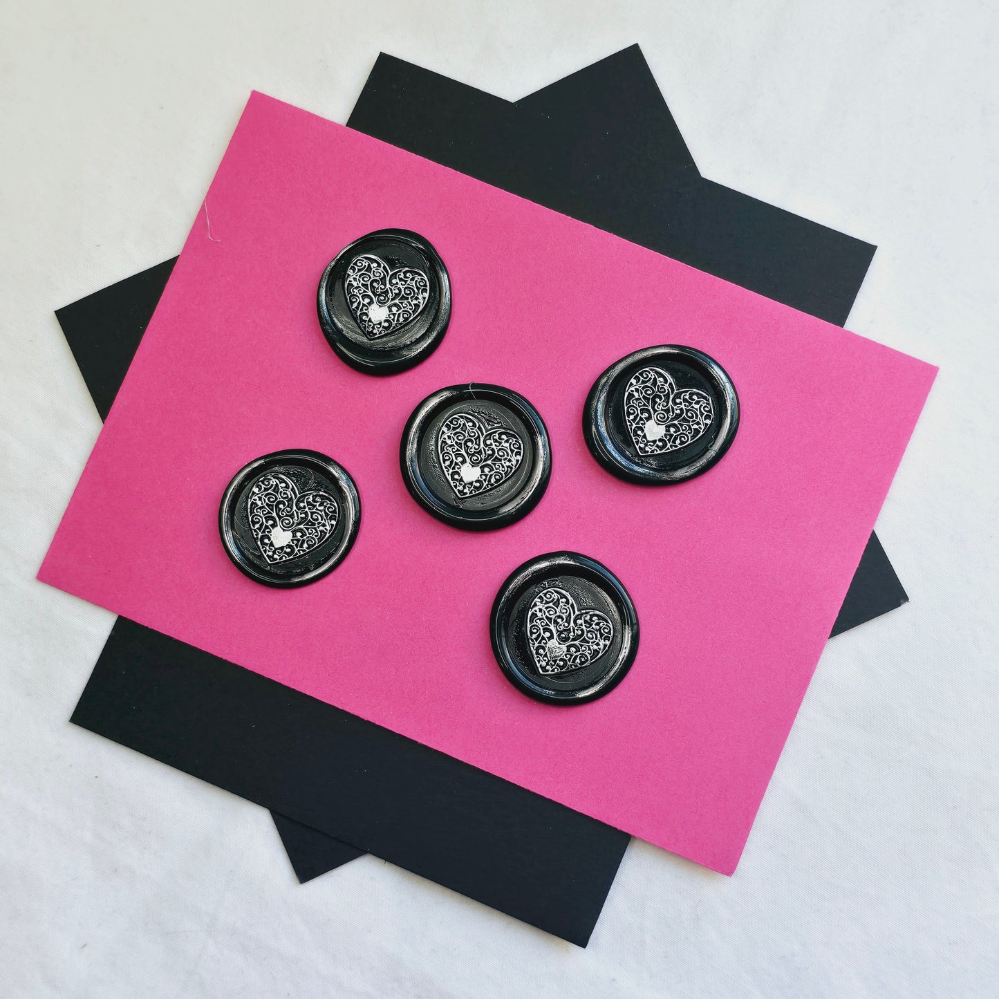 Heart Wax Seals Metallic Black & Silver Set of Five