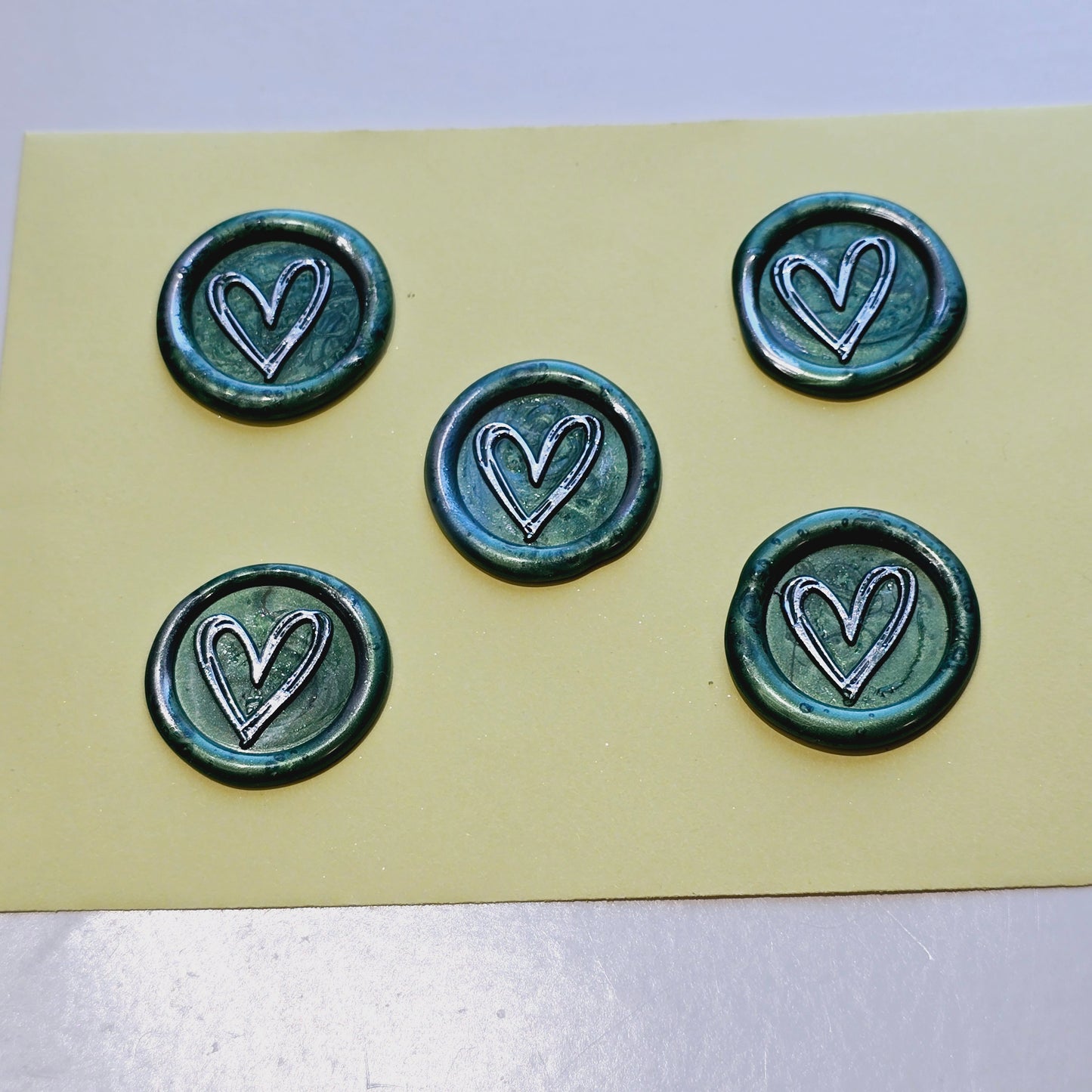 Heart Wax Seals Green & Silver Set of Five