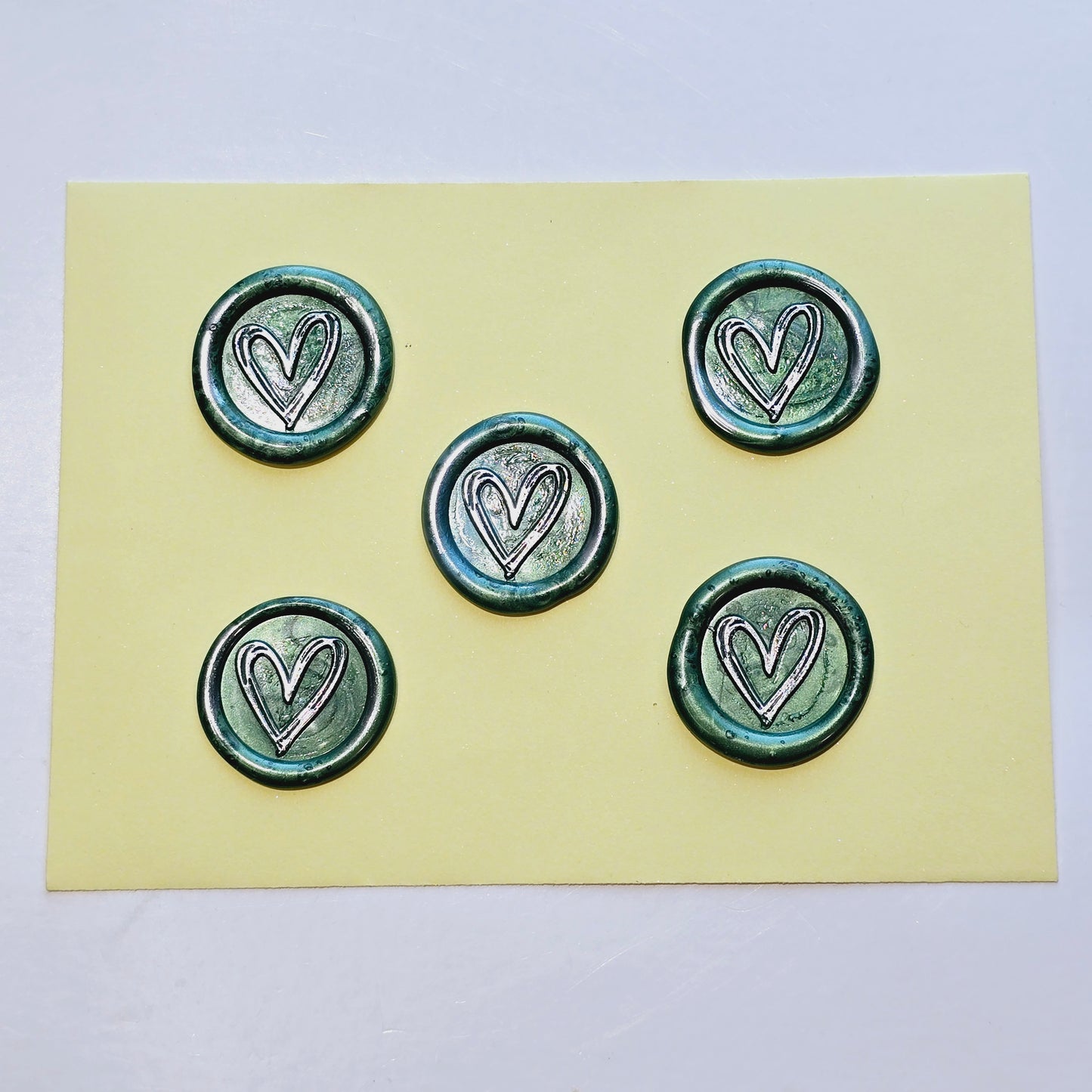 Heart Wax Seals Green & Silver Set of Five