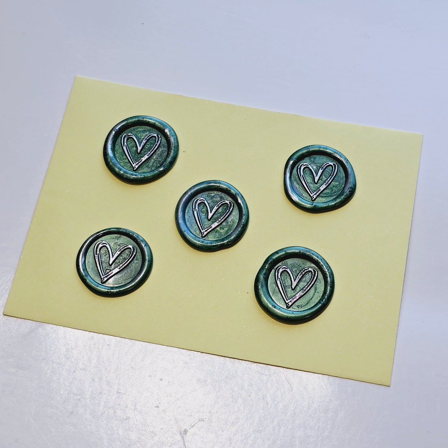 Heart Wax Seals Green & Silver Set of Five