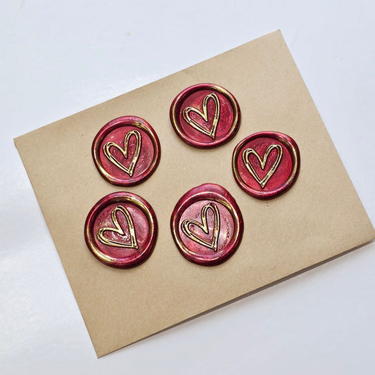 Heart Wax Seals Flame Red & Gold Set of Five